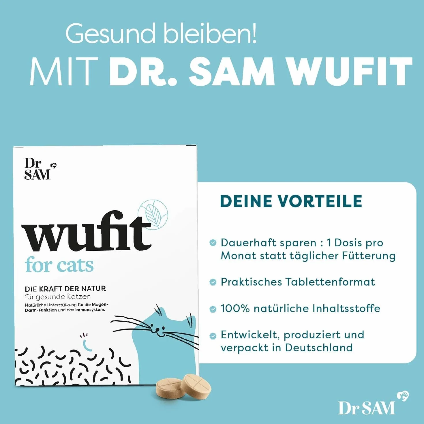 Dr. SAM wufit pour Chats à Base de Plantes - Paquet mensuel - Soutien Gastro-intestinal Naturel après Infestation de Vers (Moins de 5kg)
