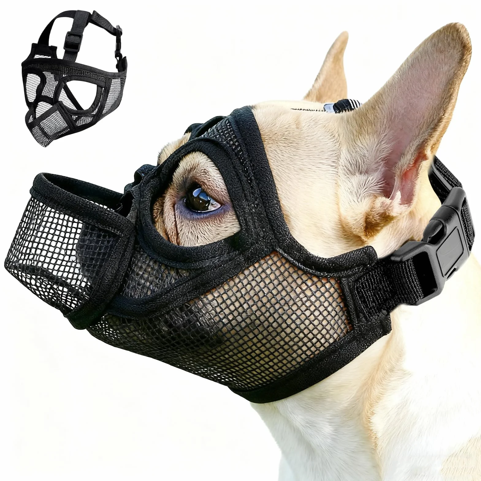 Museliere Bouledogue Francais, Réglable Muselière Chien Respirant Masque Plate Museliere Petit Chiens Court Anti Morsure Mastication Léchage pour Shih Tzu Et Carlin (M)