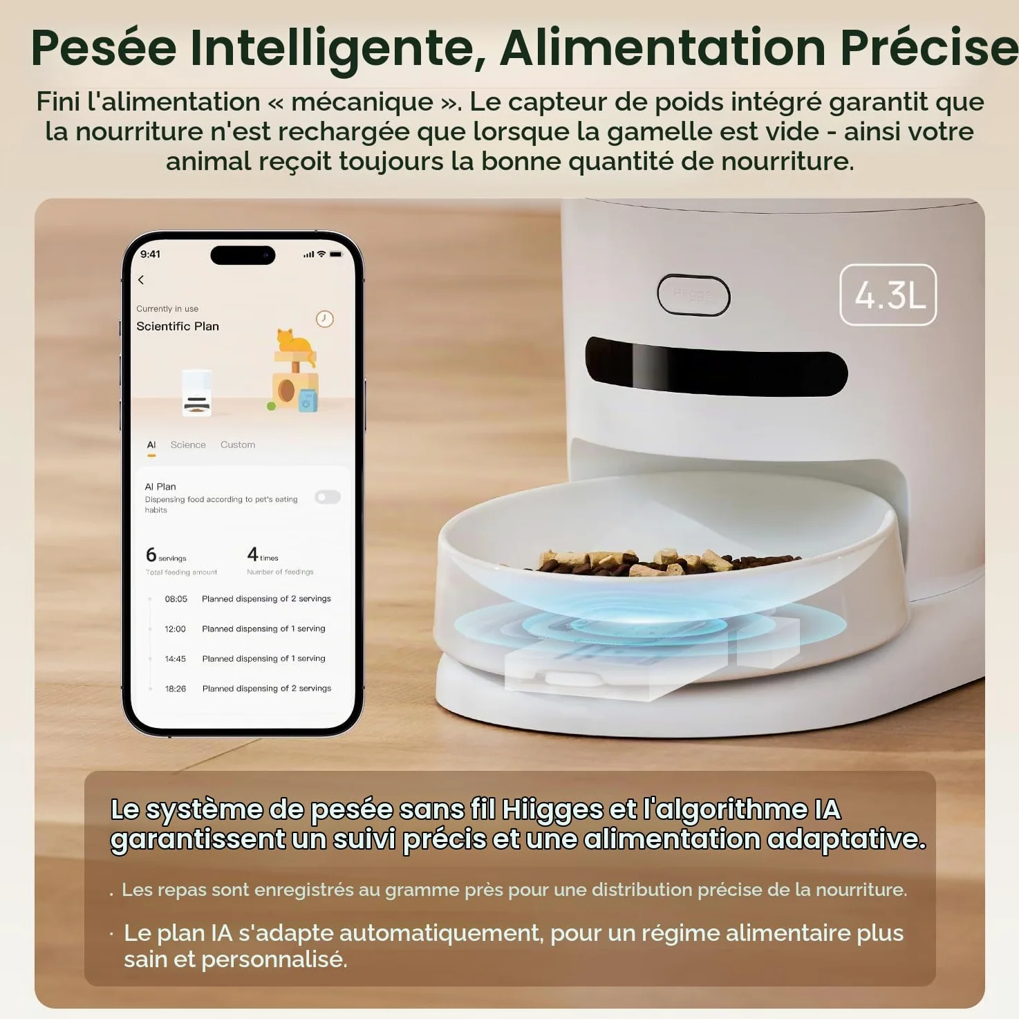 Distributeur Croquettes Chat Automatique,2.4G WiFi,4.3L Distributeur Automatique de Croquettes Chien avec APP,Plan d'alimentation AI,Bol en céramique - Blanc