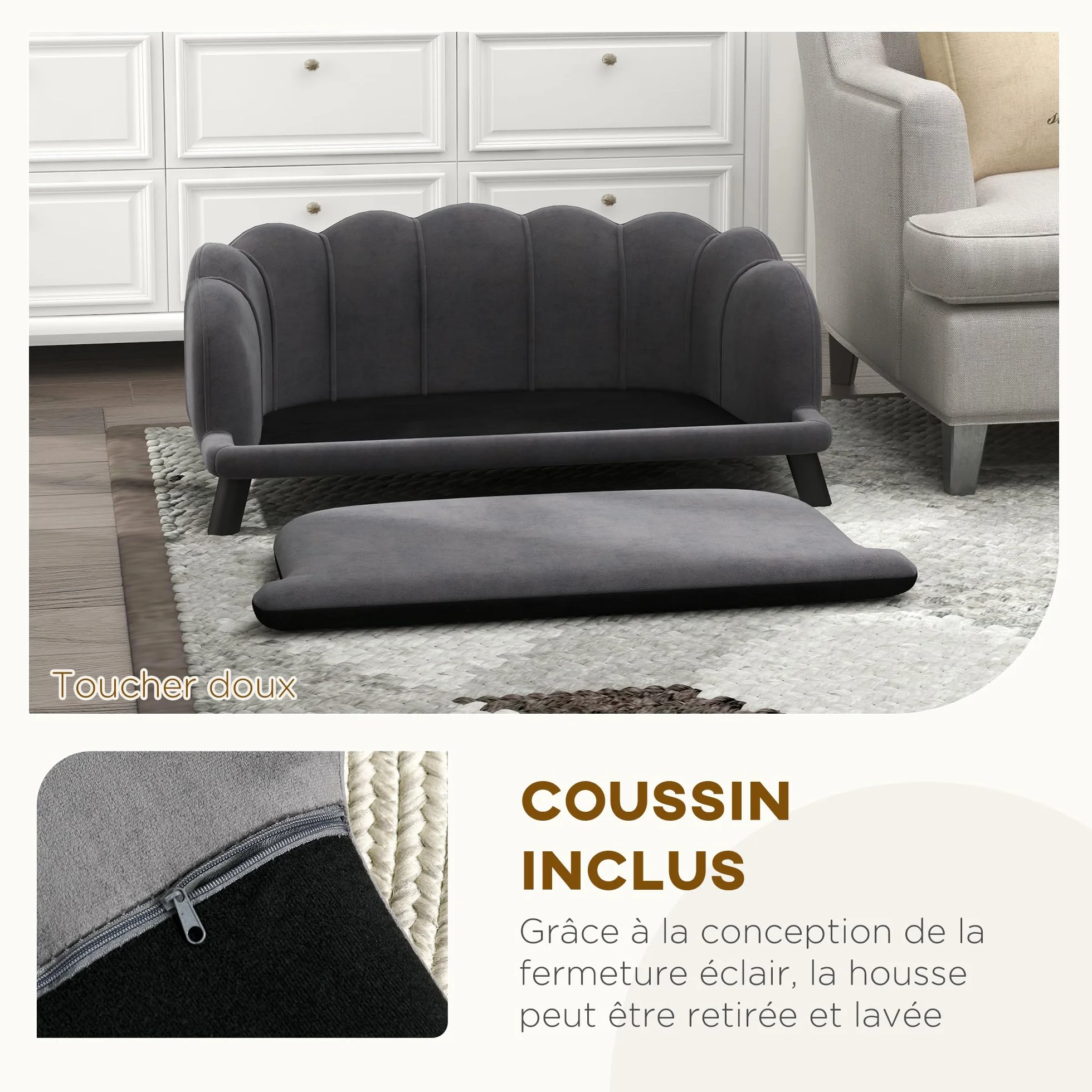 PawHut Canapé Chien lit Velours Gris 98L x 60l x 35H cm