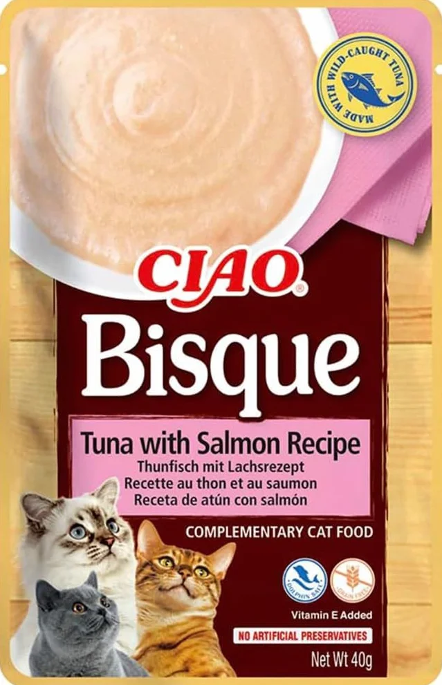 INABA Ciao - Bisque Thon & Saumon - Friandise pour Chat Humide - 1 x 40g - Délicieuse et Saine - Purée - Plat d'accompagnement - Complément Naturel et sans céréales - Pâtée pour Chat