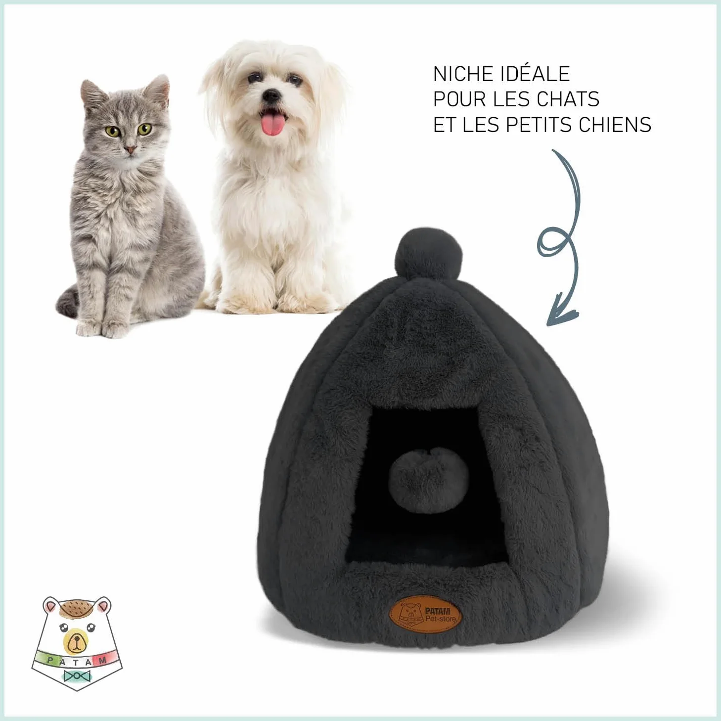 Niche pour Chiens et Chats, antidérapante en Tissu Duveteux Doux, Lavable, Design de Rideau avec Balle de Jeu, 43 x 43 x 43 cm - Igloo Noir