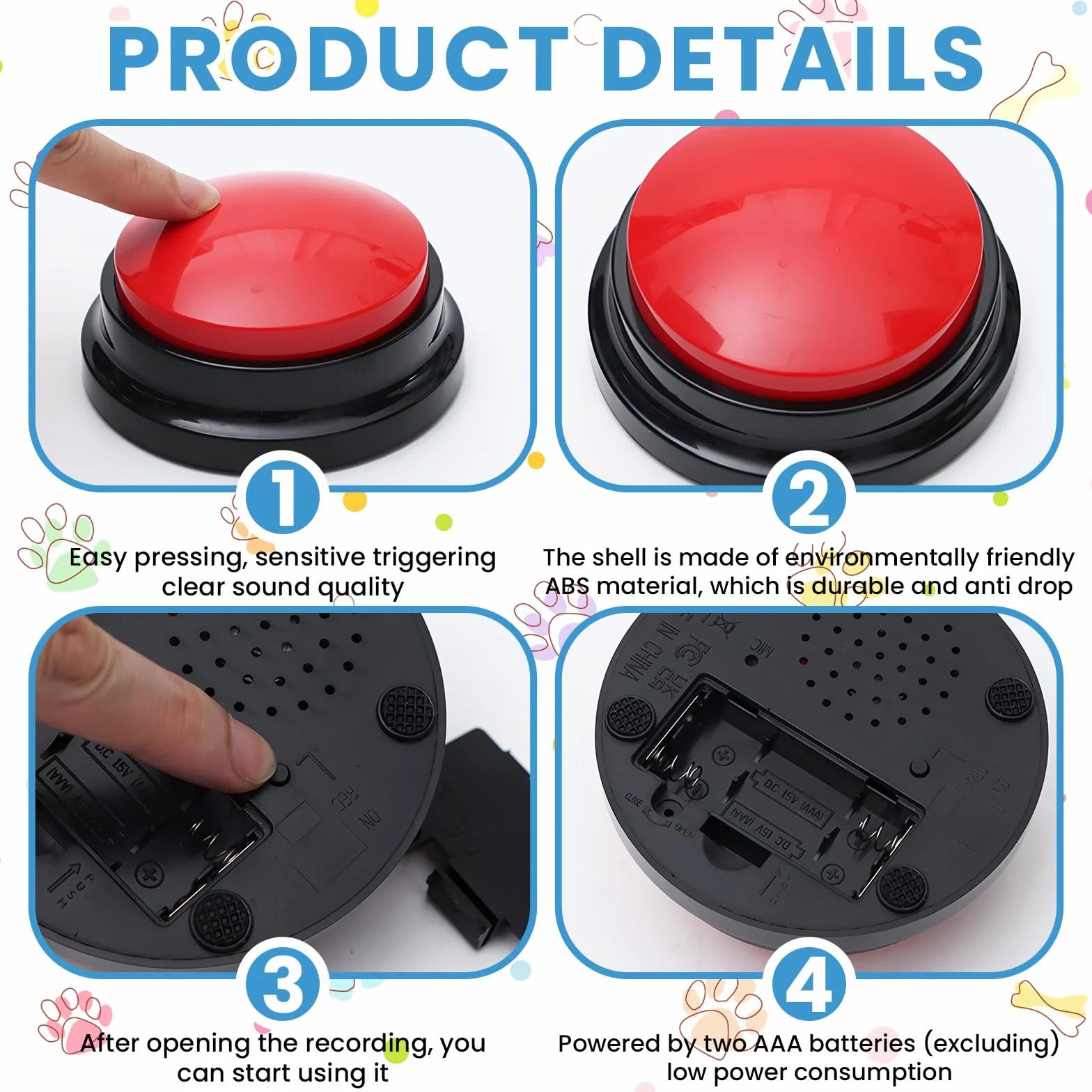 Mein HERZ Lot de 6 Buzzer Enregistrable, Bouton de Communication pour Chien Boutons pour Chien Buzzers pour Formation Chien Chat Jeux Maison,Enregistrement et Lecture de 30 Secondes