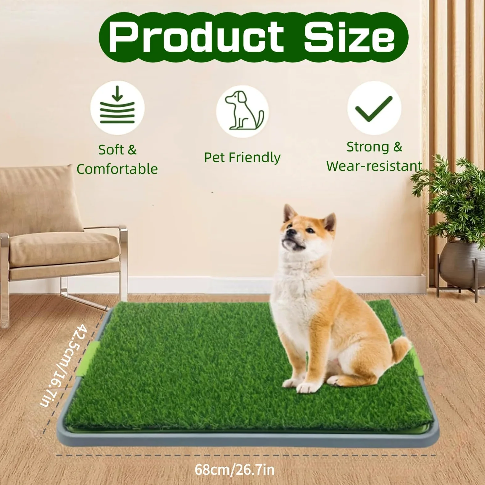 Tapis d'herbe pour chien avec plateau, tapis d'herbe de rechange pour pot pour animal domestique intérieur/extérieur, tapis d'entraînement à la propreté portable, fausse herbe réutilisable pour