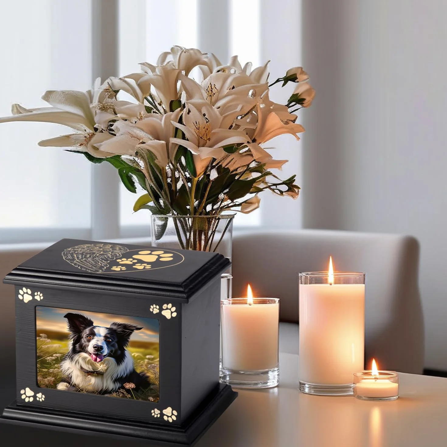 Urne funéraire en bois pour animaux de compagnie Doggy Memorial 40 avec cadre photo noir