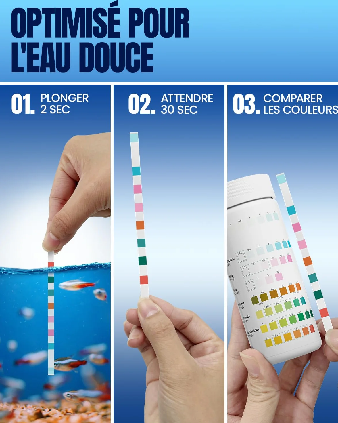 Bandelettes de test d'aquarium 8 en 1 – 50 tests rapides pour eau douce et salée, nitrite, ammoniac