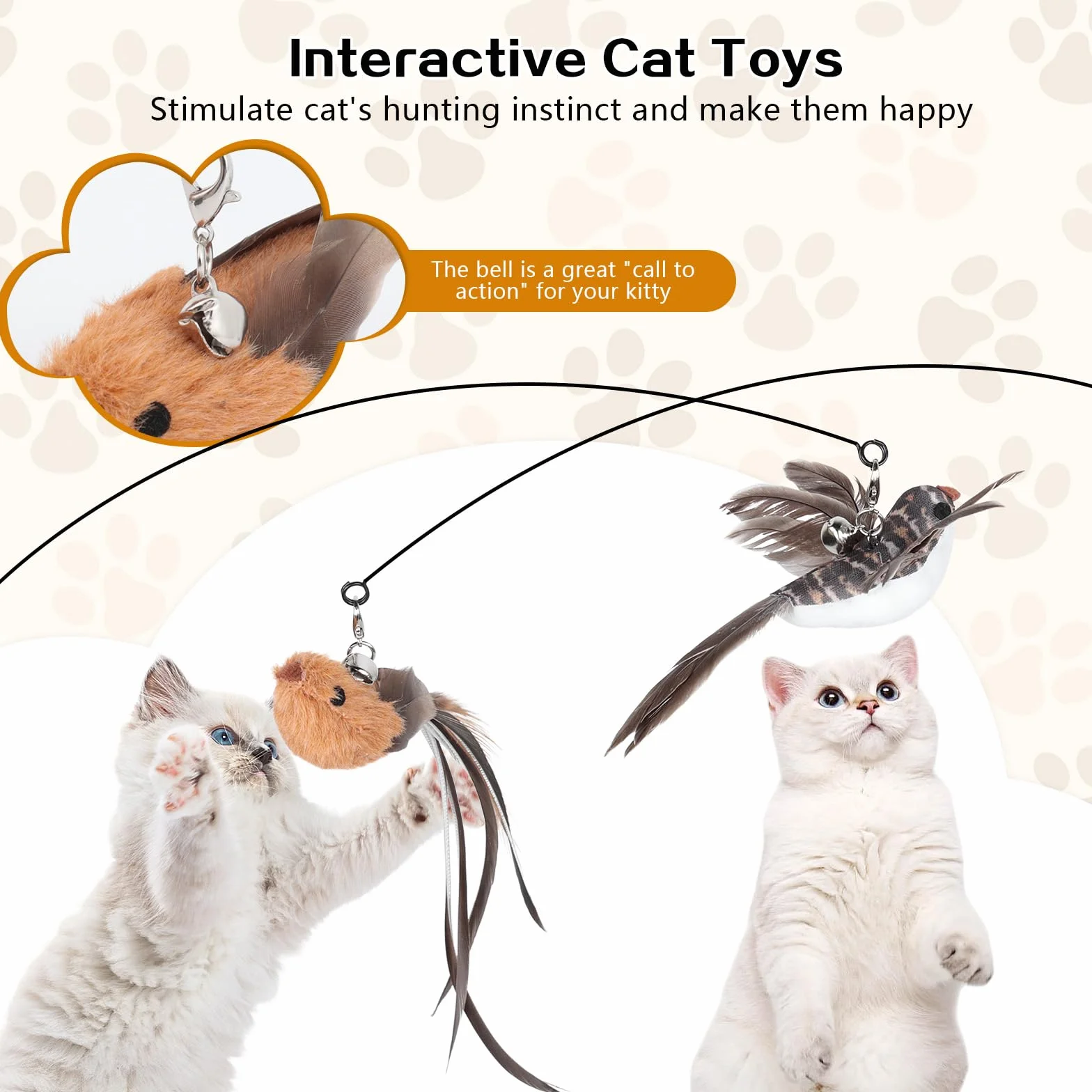 Jouet Chat Interactif 4 Pièces avec Ventouse, Canne à Pêche Chat avec 2 Oiseaux à Clochettes