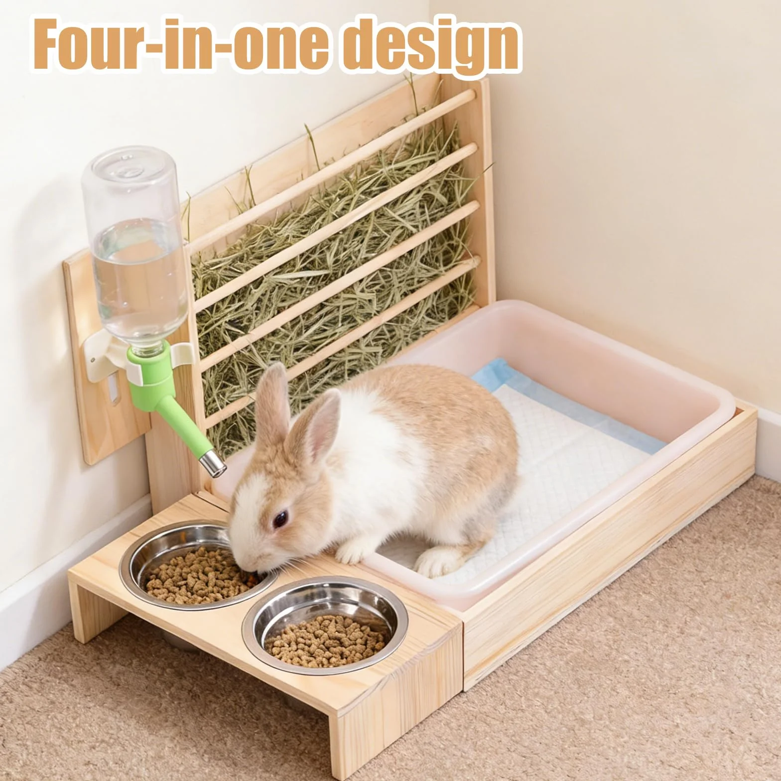 Mangeoire à Foin pour Lapin en Bois 4 en 1, Râtelier et Abreuvoir pour Petit Animal