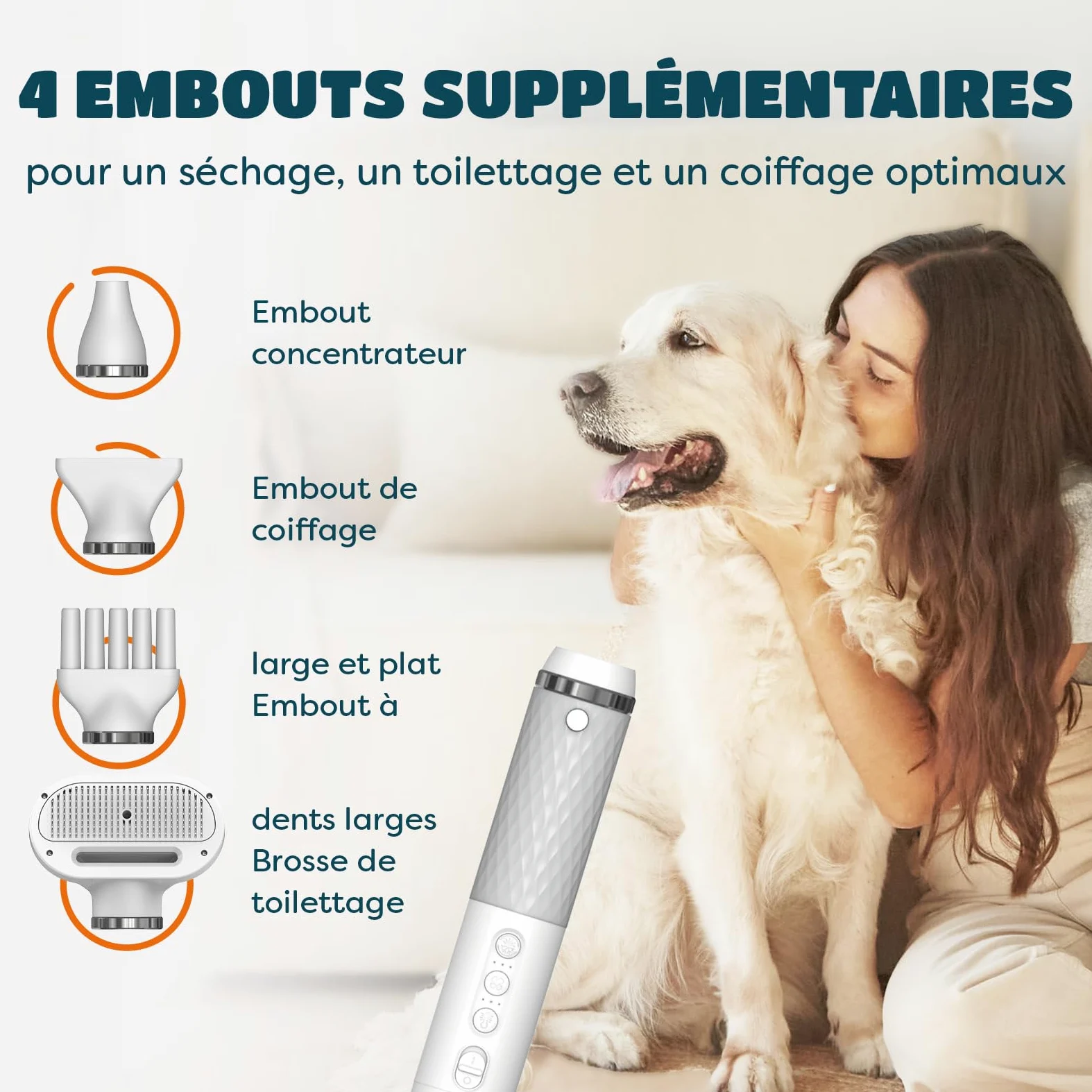 KUUBIA Séchoir 5 en 1 Pour Chien et Chat | Pulseur Avec Brosse Slicker | Sèche Poils Puissant 900 W | Portable, Silencieux, Ions Négatifs, NTC
