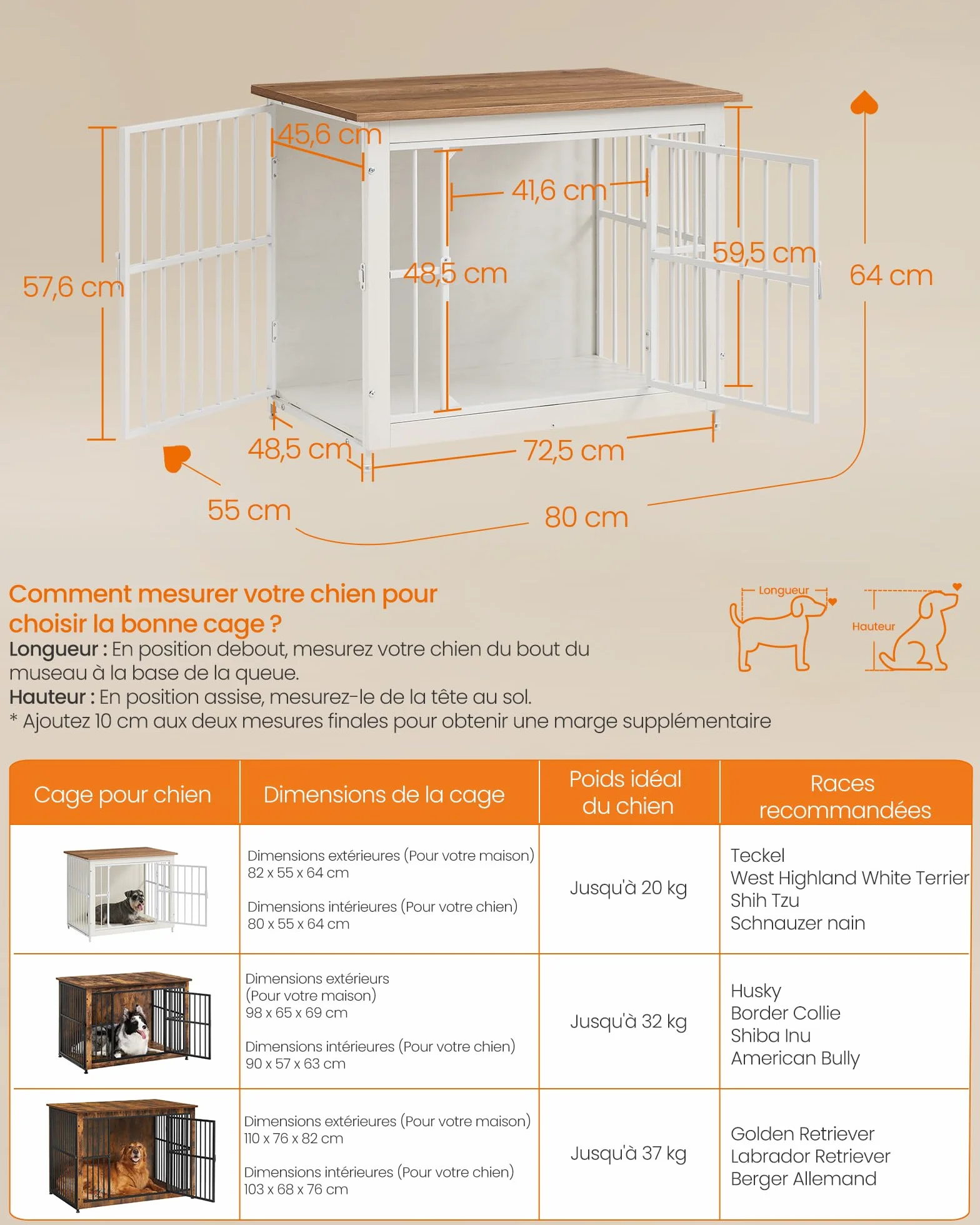 Feandrea Meuble Cage pour Chien Table d'Appoint Fond Plein 2 Portes 82x55x64 cm pour Chiens Jusqu'à 20 kg Blanc Nuage Marron Miel