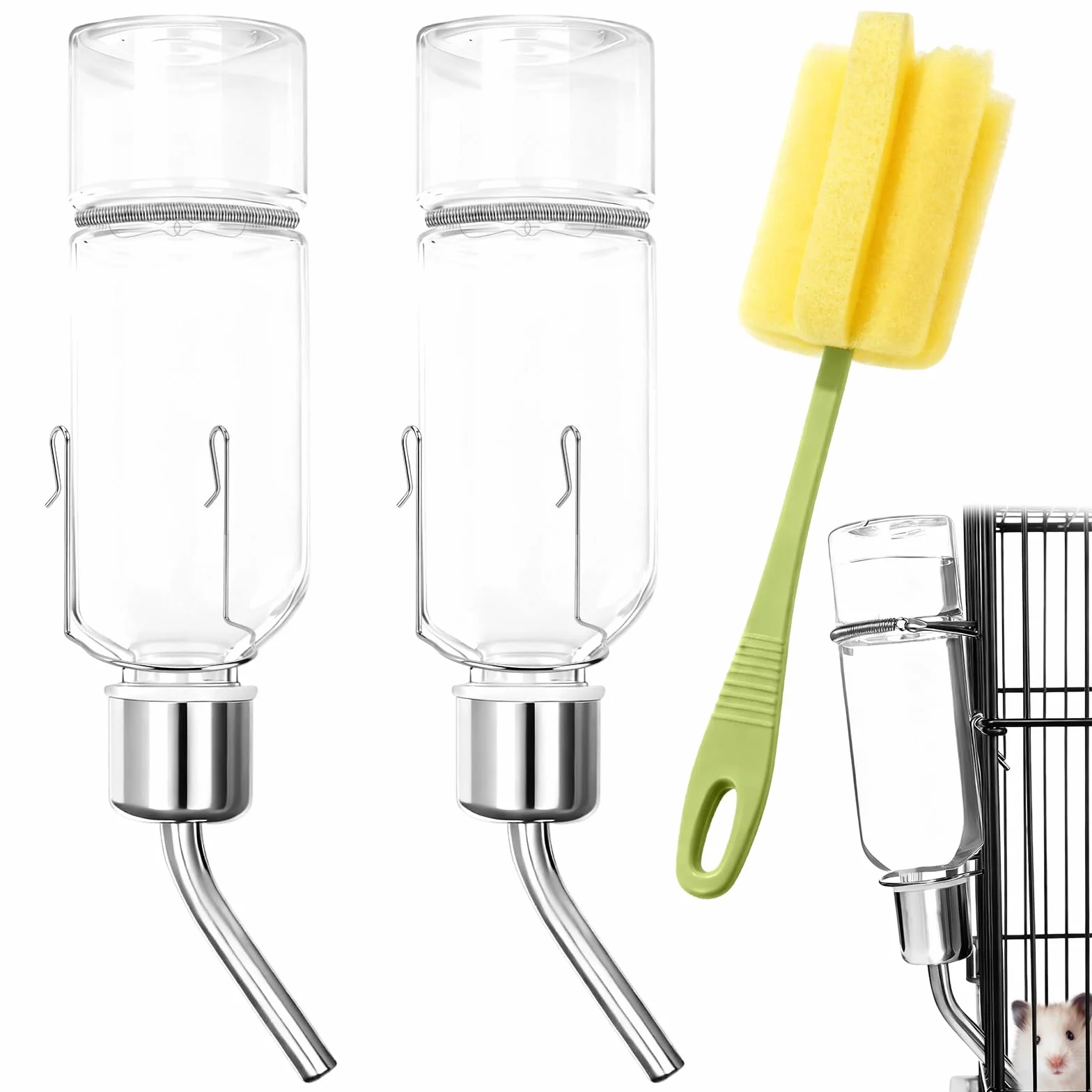 2 Pièces Biberon Lapin, 350ml Abreuvoir Lapin Suspendus, avec Crochet à Ressort Brosse de Nettoyage pour Les Rongeurs