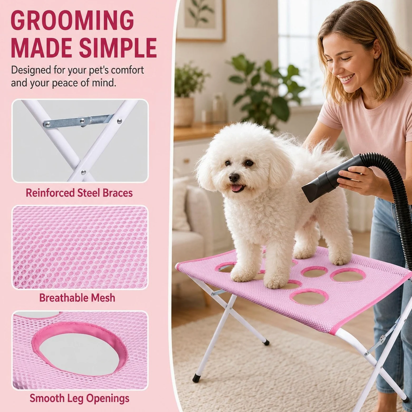 Table de Bain pour Chien Pliable, Station de Toilettage pour Animaux | Avec Surface En Filet Et Sangle De Sécurité, Support De Lavage Portable Pour Petits Et Moyens Chiens Et Chats(Pink)