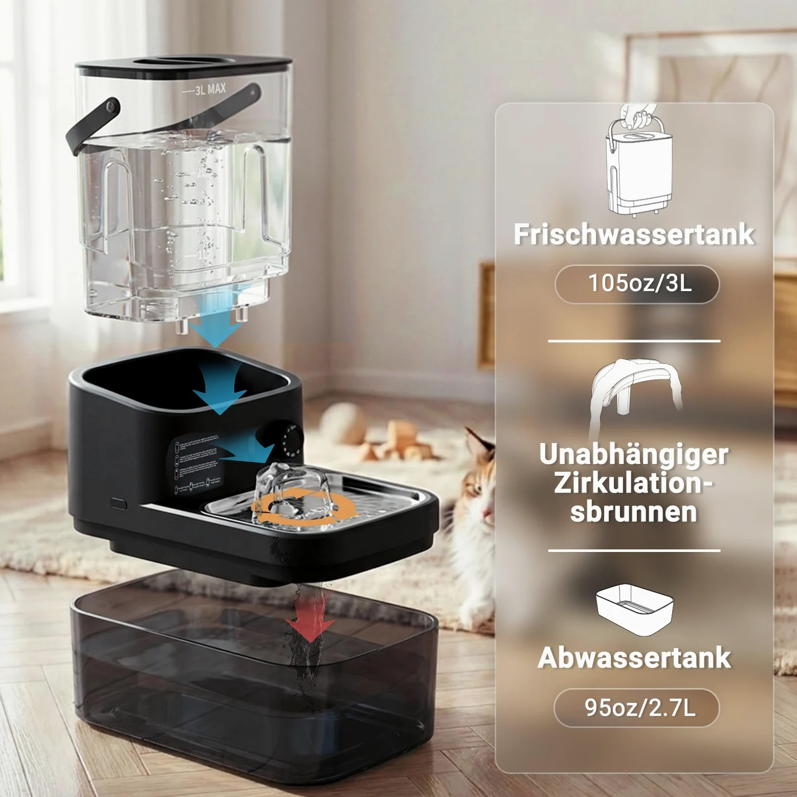 Fontaine a Eau pour Animaux sans Fil et sans Filtre | Séparation de l'Eau Propre et de l'Eau Usée, Bol en Acier Inoxydable, Batterie 4000mAh, Grande Capacité 3L, Noir