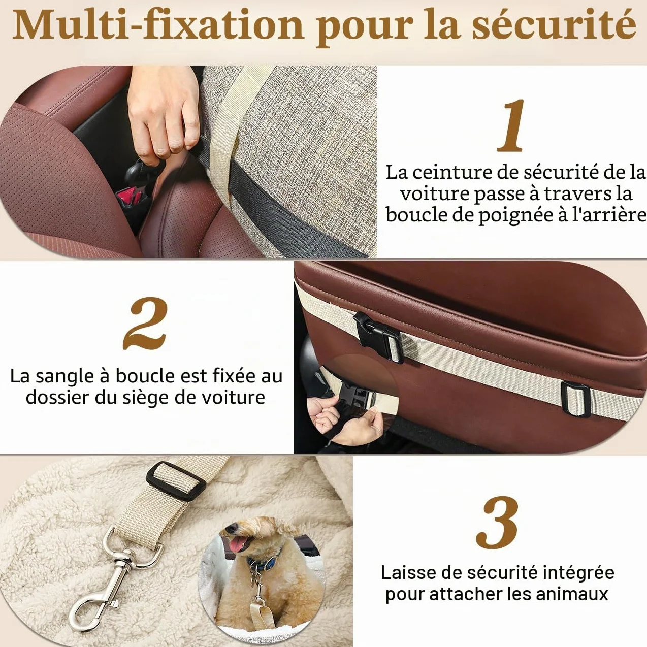 Siège d'Auto pour Petit Chien avec Boucle de Fixation et Laisse de Sécurité, Sac de Transport Rembourré jusqu'à 25 Livres, Brun + Beige