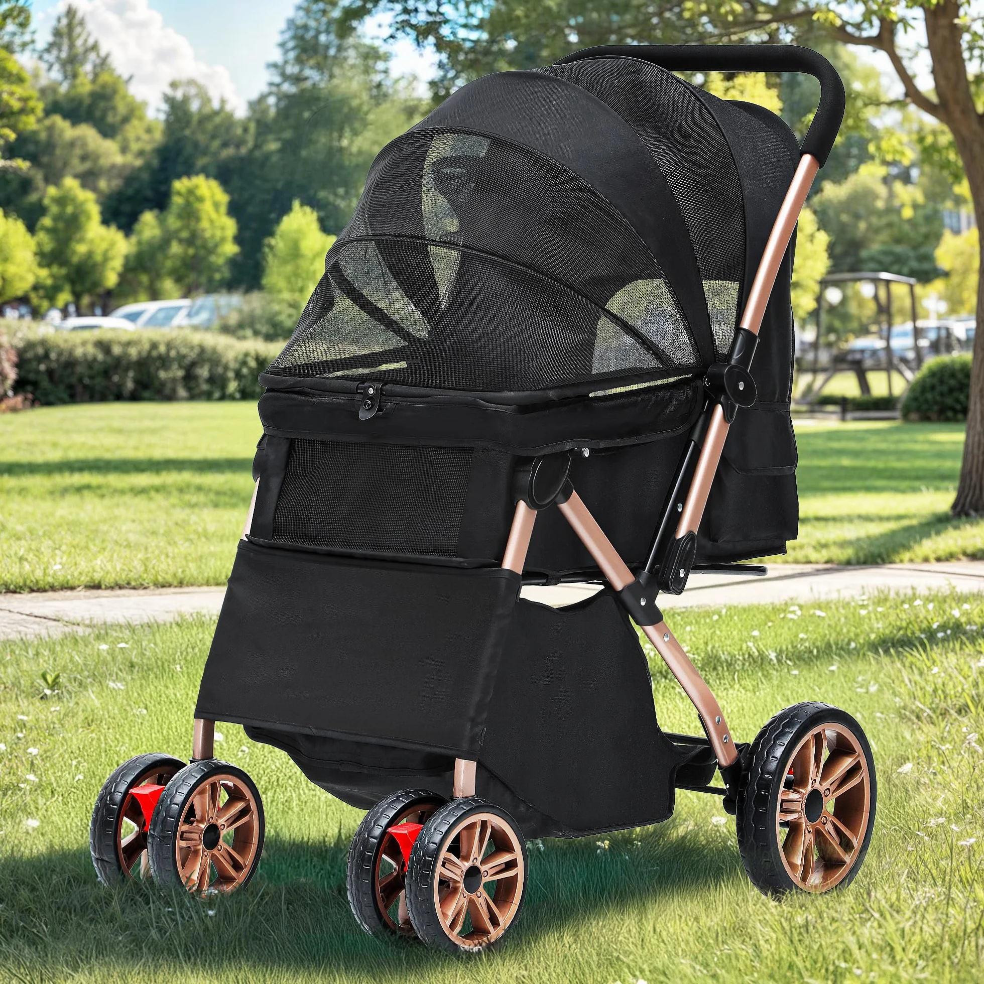 DWVO Poussette 3 en 1 pour Chien et Chat Pliable 22 kg Roues EVA Résistantes à l'Usure 360° Panier de Rangement Fenêtre en Filet 58,5 x 76 x 105 cm