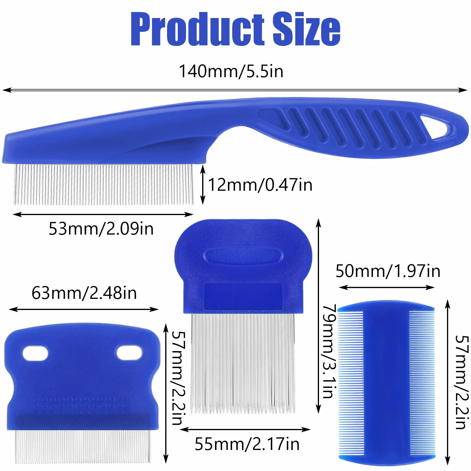 Molain Lot de 4 peignes anti-poux en métal pour chat et chien - Peigne anti-puces en plastique double face - Peigne anti-poux en acier inoxydable - Peigne à poux en métal - Bleu