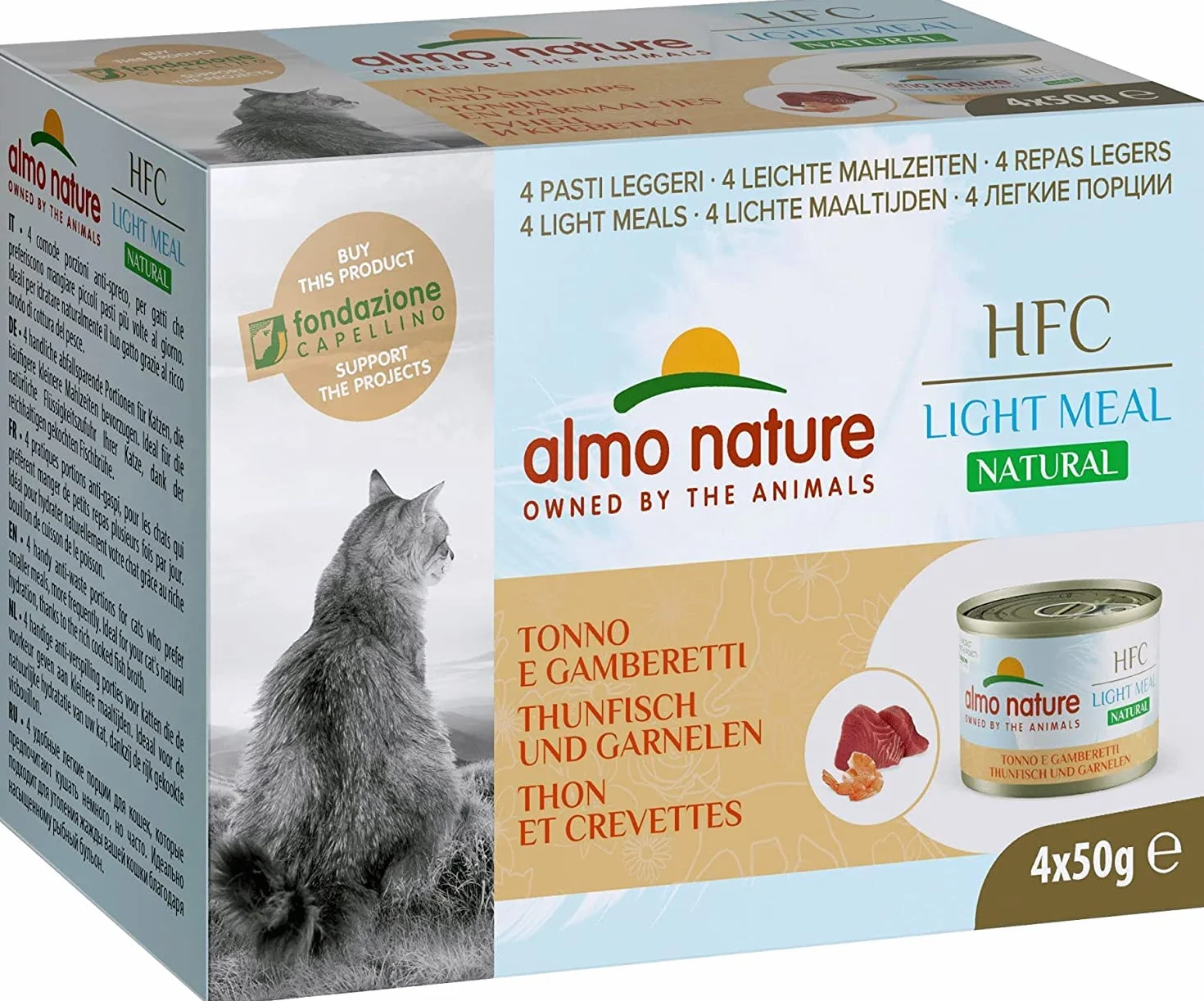 Almo Nature Made in Italy pour Chat – Mega Pack HFC Natural Light Meal avec Thon et crevettes, 4 x 50 g