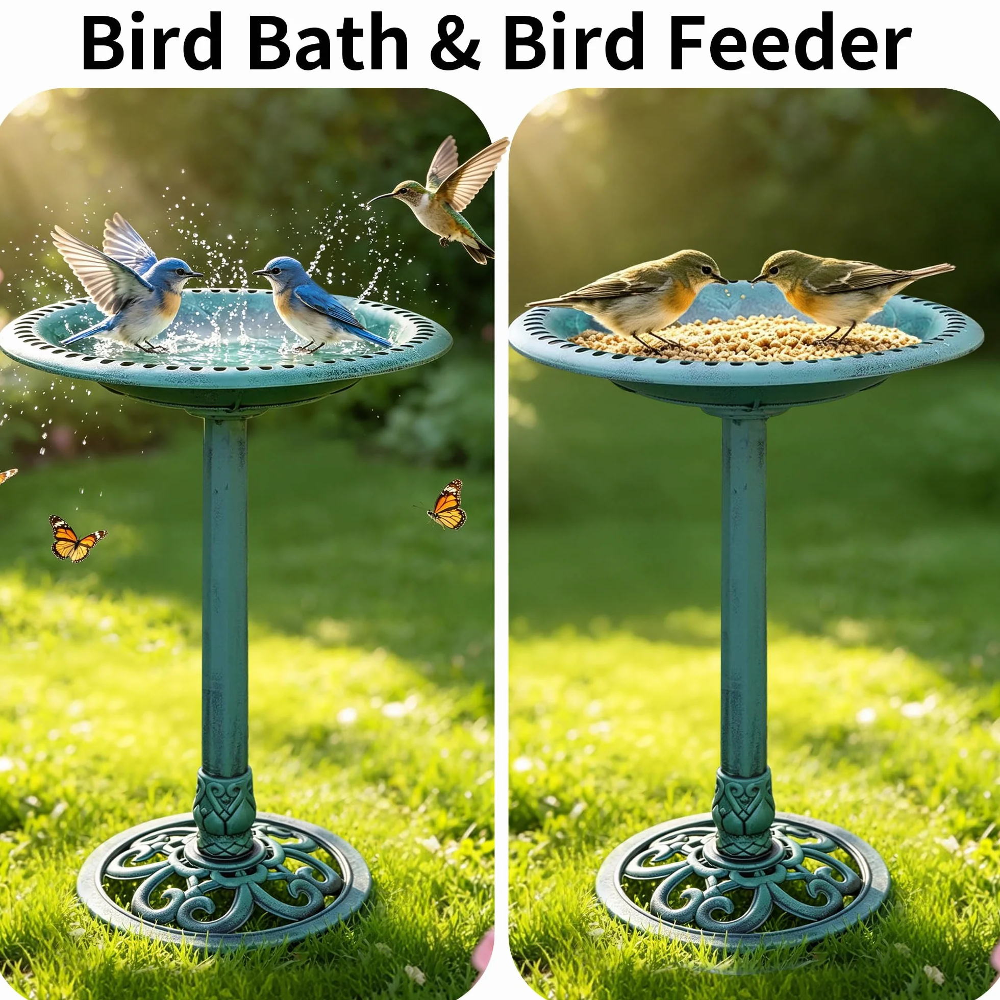 Bain d'oiseaux Vertical avec Fontaine Solaire, Distributeur de Nourriture pour Oiseaux Sauvages, 2 en 1, Vert