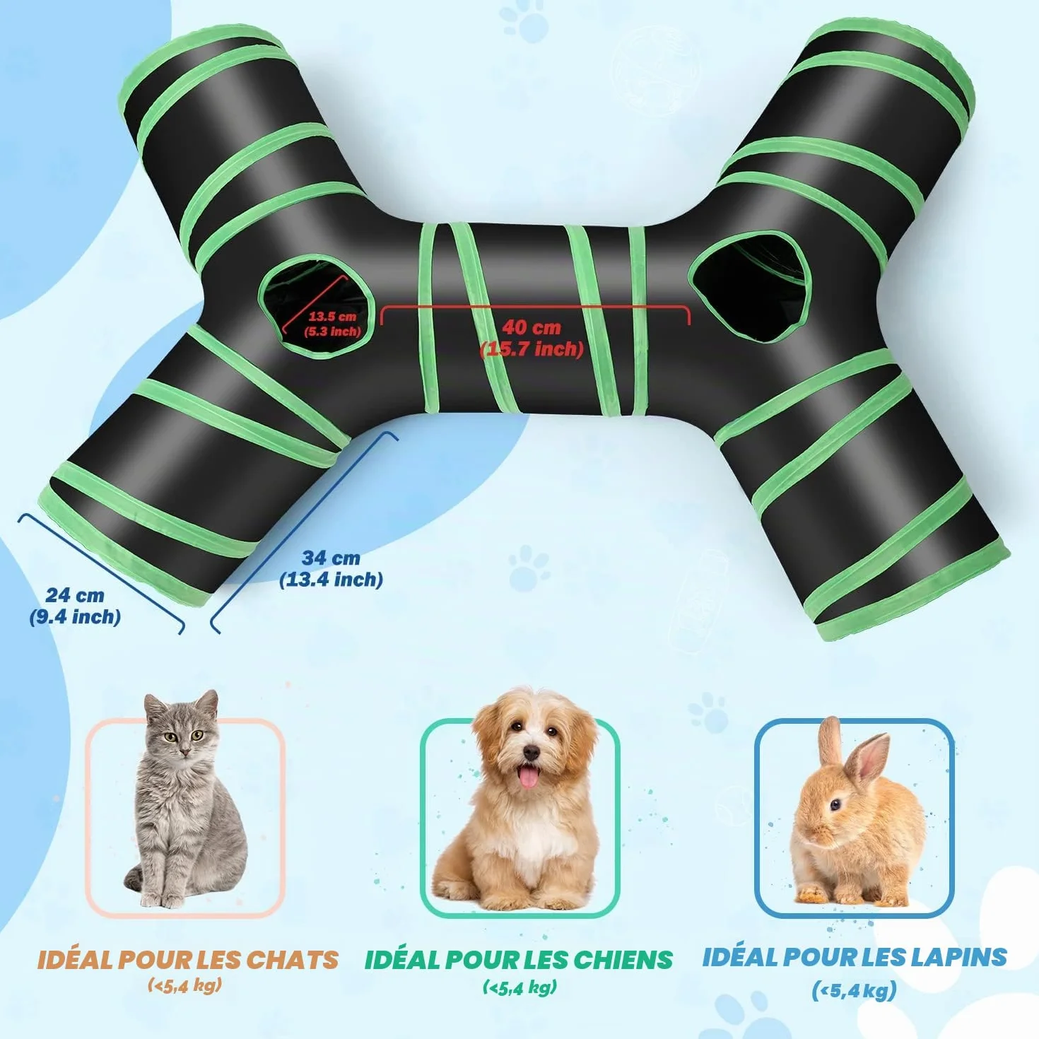 Tunnel de chat de type osseux amélioré, Tube de tunnel de jeu pliable à 4 voies pour chat avec sac de rangement pour chats, chiots, lapins, furets, cochons d'Inde, utilisation intérieure et extérieure