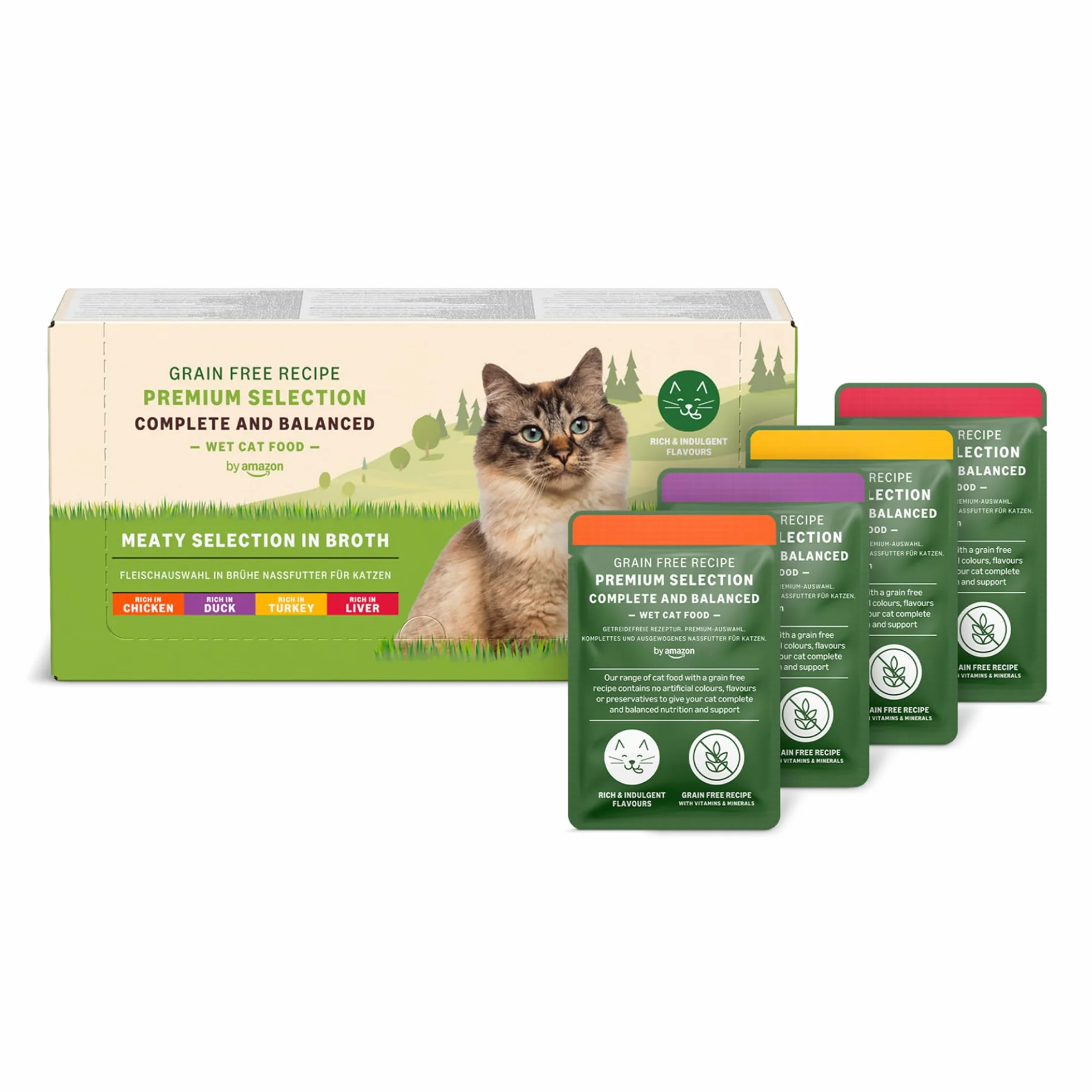 Amazon Aliments Humides sans Céréales pour Chats, Selection de Viande en Gelée 4.76kg, 56 x 85g