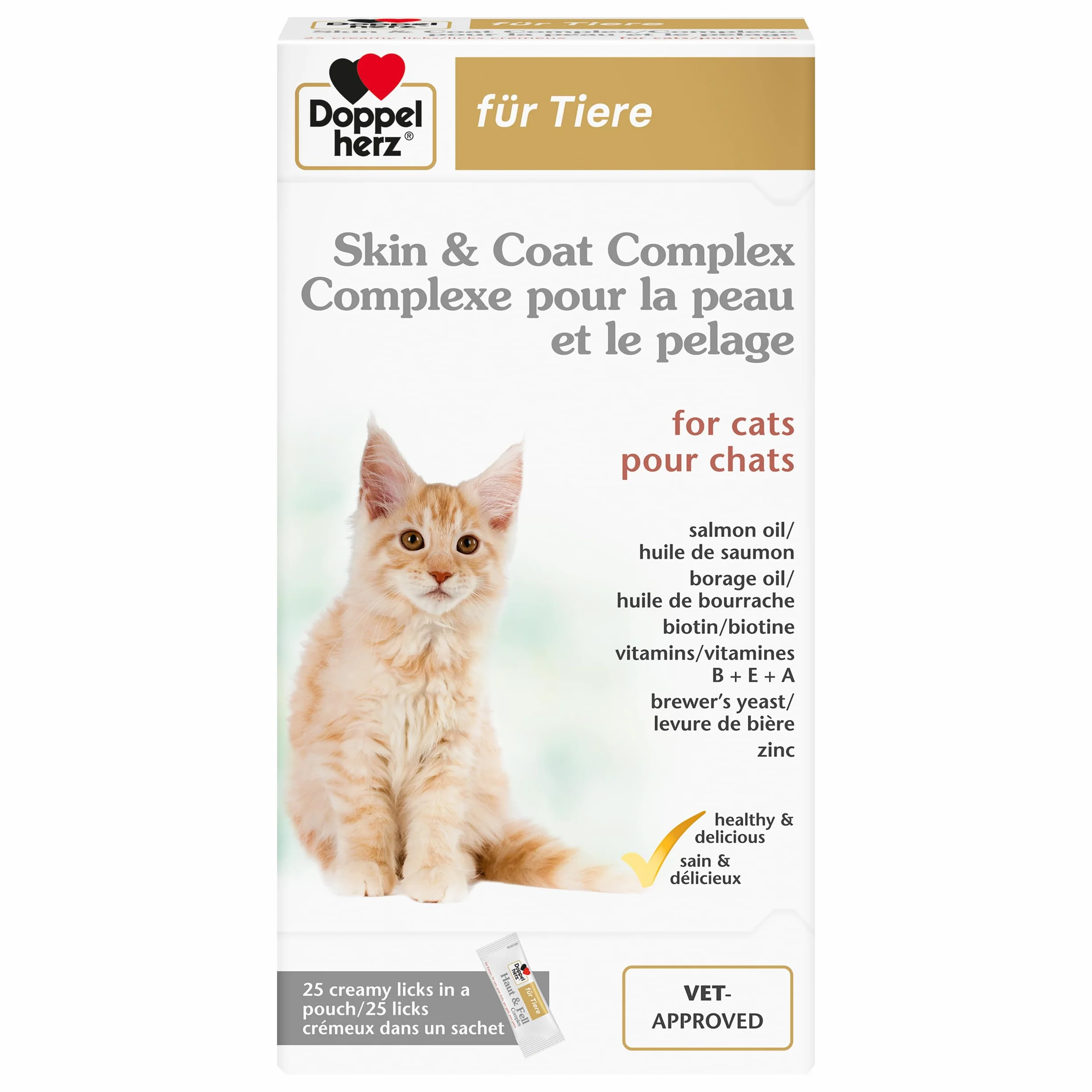 Doppelherz Complexe pour la Peau et le Pelage pour Chats, Acides Gras oméga-3 et oméga-6, Biotine, Vitamines B, E et A - 25 Licks