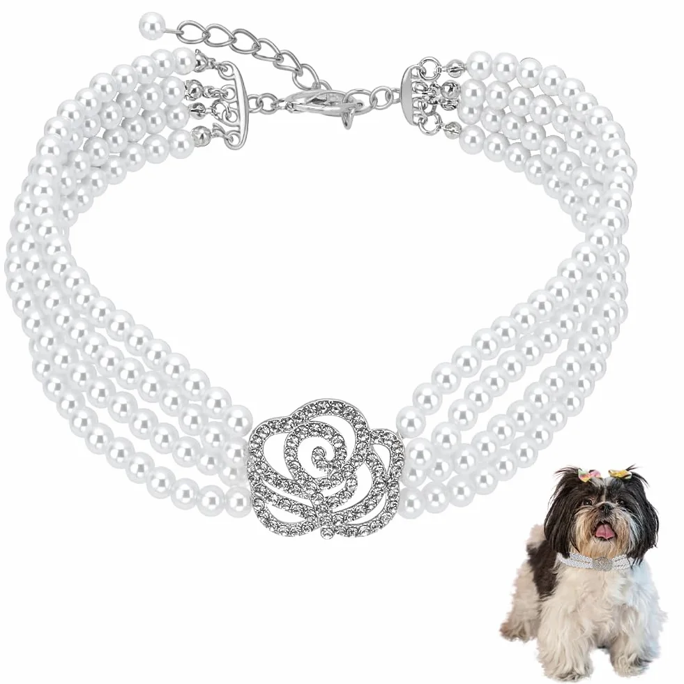 FINGERINSPIRE Collier pour Animaux de Compagnie Perles Réglable Chien Chat Strass Fleur Rose Mariage Petits Chiens Blanc