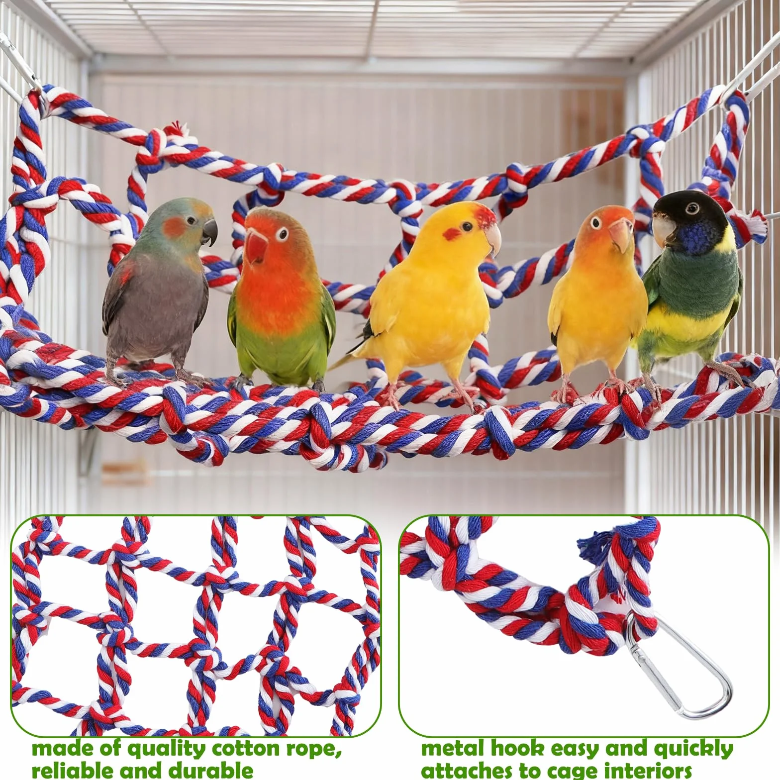 Lot de 2 Filets d’Escalade colorés en Coton pour Petits Animaux – Accessoires pour Cage de Rat avec 4 Crochets – hamac pour Rat, Perroquet, Hamster et Furet – Filet Suspendu Durable et Lavable