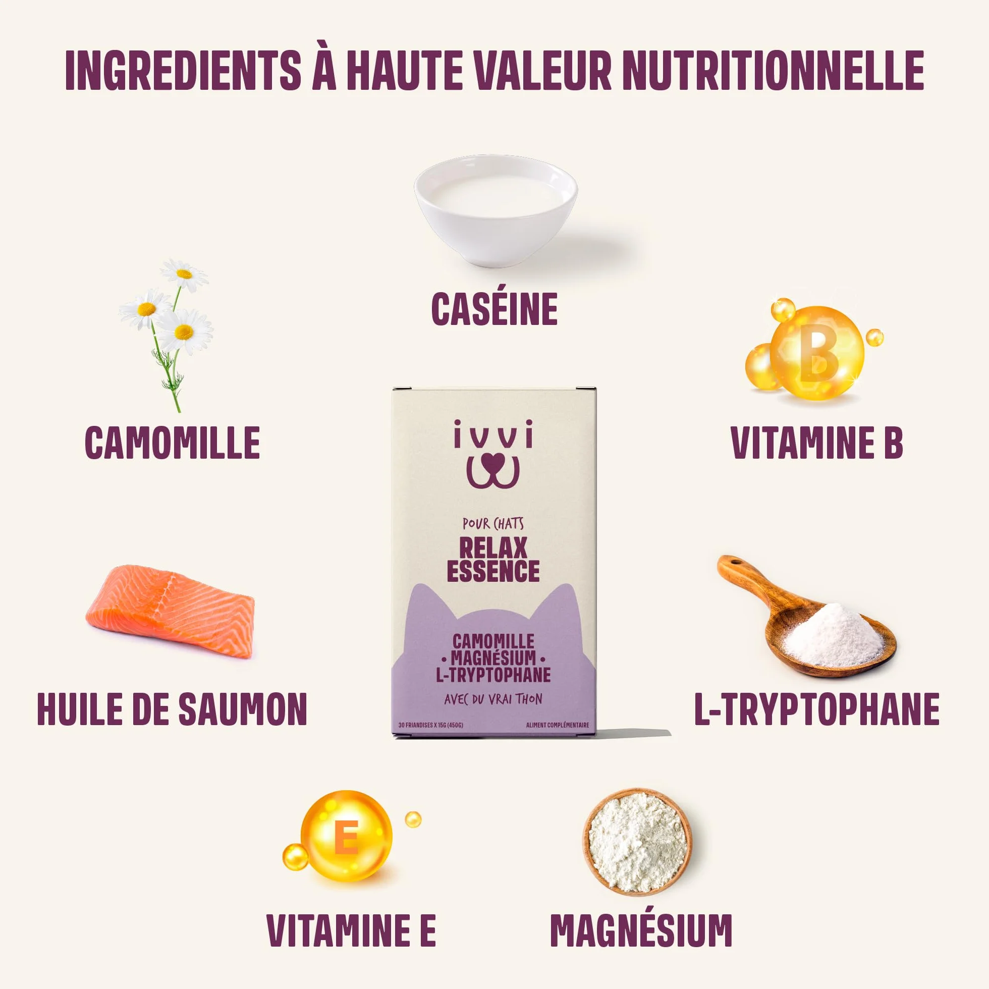 ivvi Calmant pour Chat Relax Essence Crème à Lécher Anti-Stress Chat Camomille L-Tryptophane Magnésium 30 x 15g