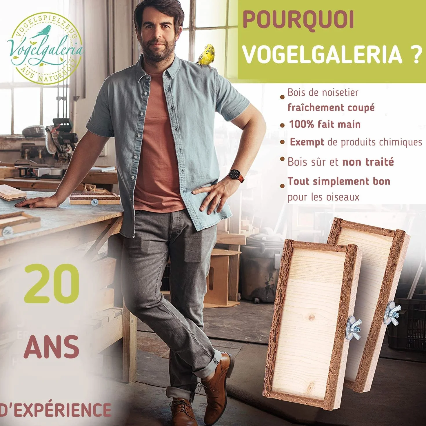 Perchoir Perroquet en Bois Naturel - Mangeoire 2 en 1 pour Cage à Oiseaux