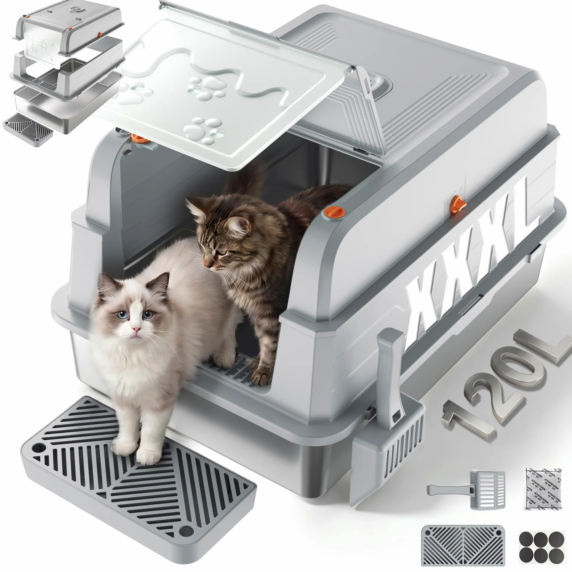 JUMMICO Bac A Litiere pour Chat XXXL, 120L Bac Litiere pour Chat – 3 en 1 (Ouvert/Semi-Fermé/Fermé), Couvercle Ouvert À 150°, Anti-Rayures, Anti-Fuites, Facile À Nettoyer, Plateau Anti-Sable