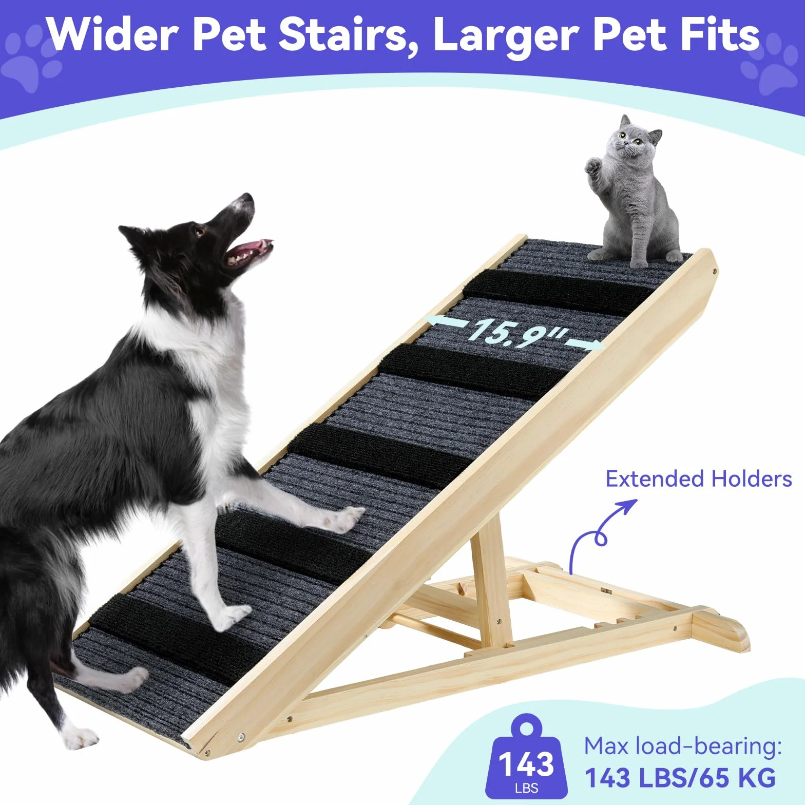Pawaboo 100 * 40cm Rampe Portable en Bois, Escalier Adjustable pour Chien avec 4 Hauteurs Réglables de 11,6'' à 22,4'', Rampe pour Chien Chat à 143lbs pour Canapé Auto Lit, Extra Large, Bois