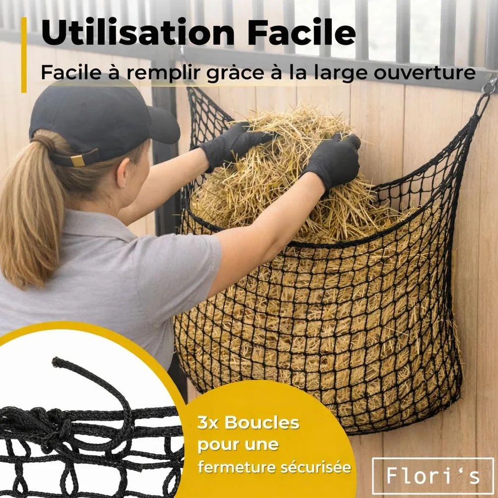 Filet à foin pour chevaux 90×120 cm maille étroite 4,5 cm mousqueton Slow Feeder