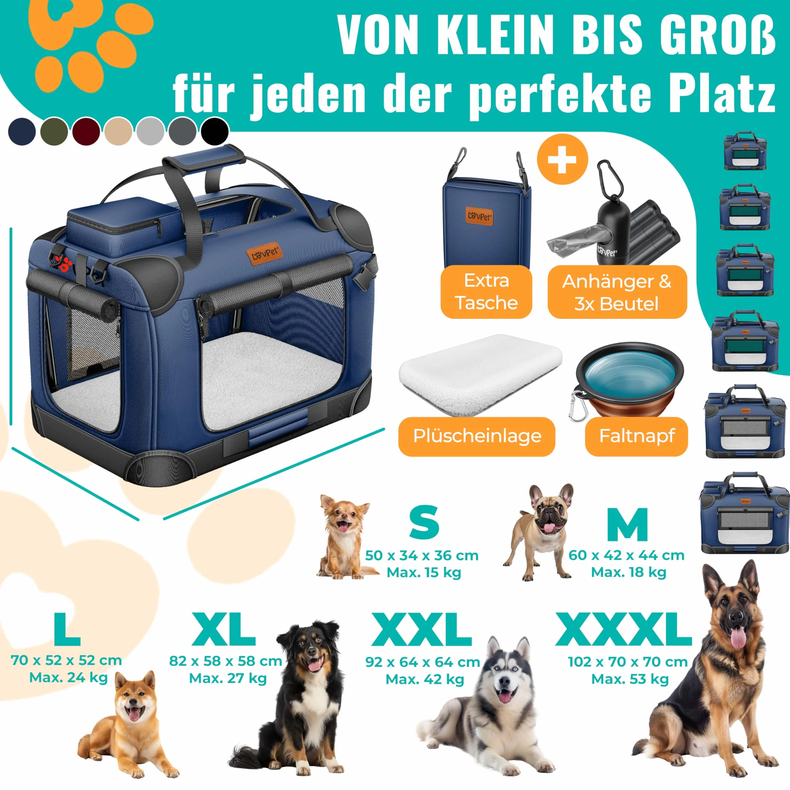 Lovpet Boîte de transport pliable pour chien XXL 91,4 x 63,5 x 63,5 cm Bleu marine
