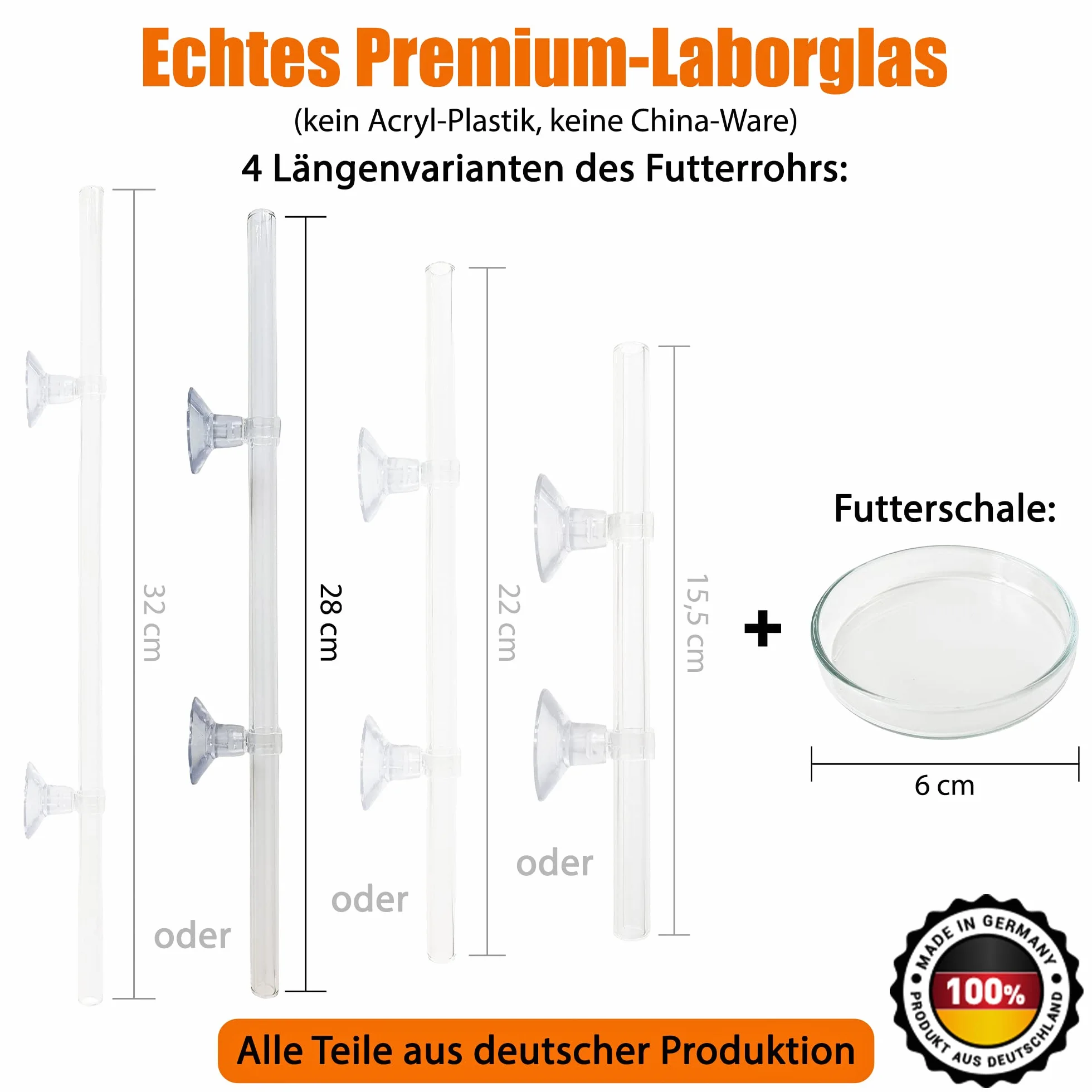Tube d'alimentation en verre de laboratoire 28 cm – Fabriqué en Allemagne – Mangeoire pour crevettes – Verre incassable