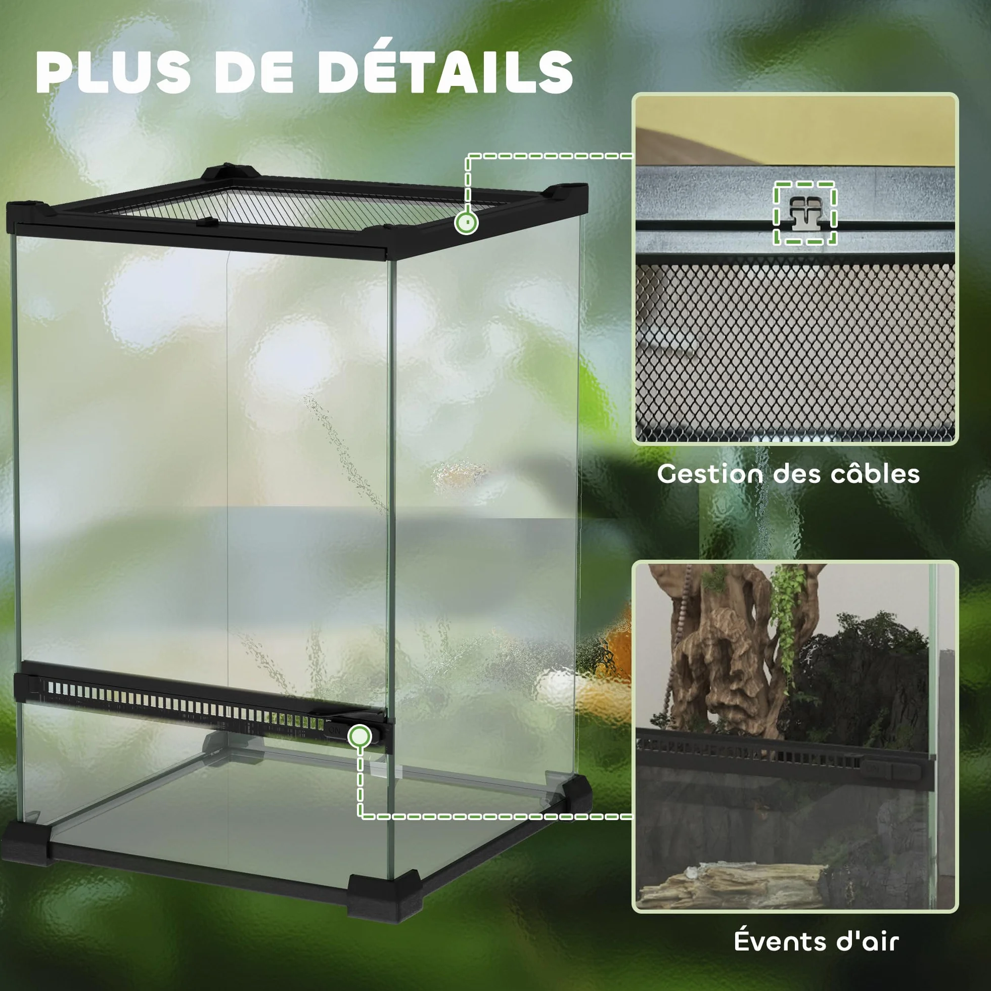 PawHut Terrarium en Verre pour Reptiles Vivarium 12 L avec Couvercle en Treillis métallique 20 x 20 x 30 cm Noir
