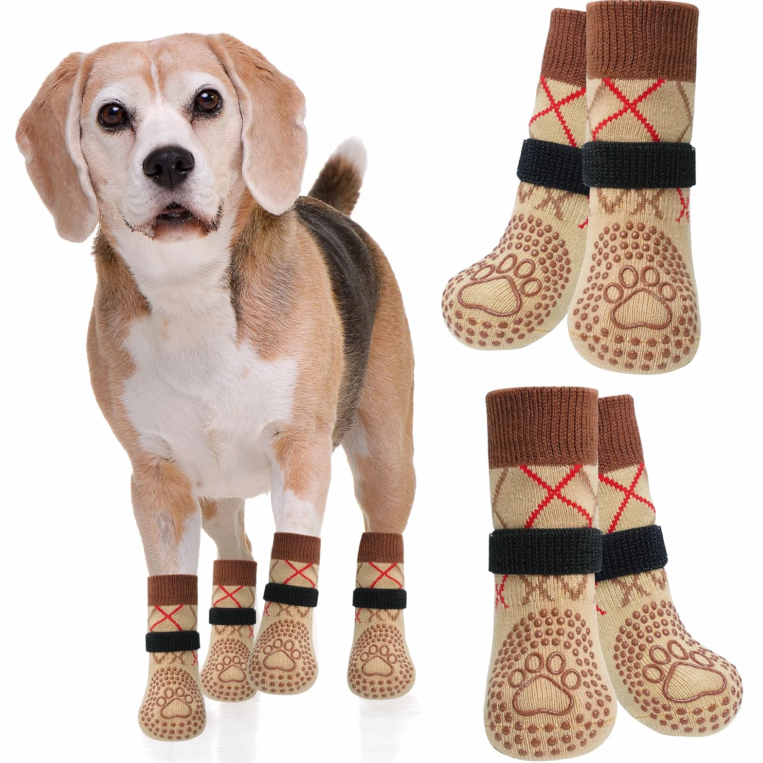 Chaussettes Chien Antidérapantes 2 Paires Protection Plaie Réglable Flexible Chausson Chiens Intérieur Extérieur Brun XL