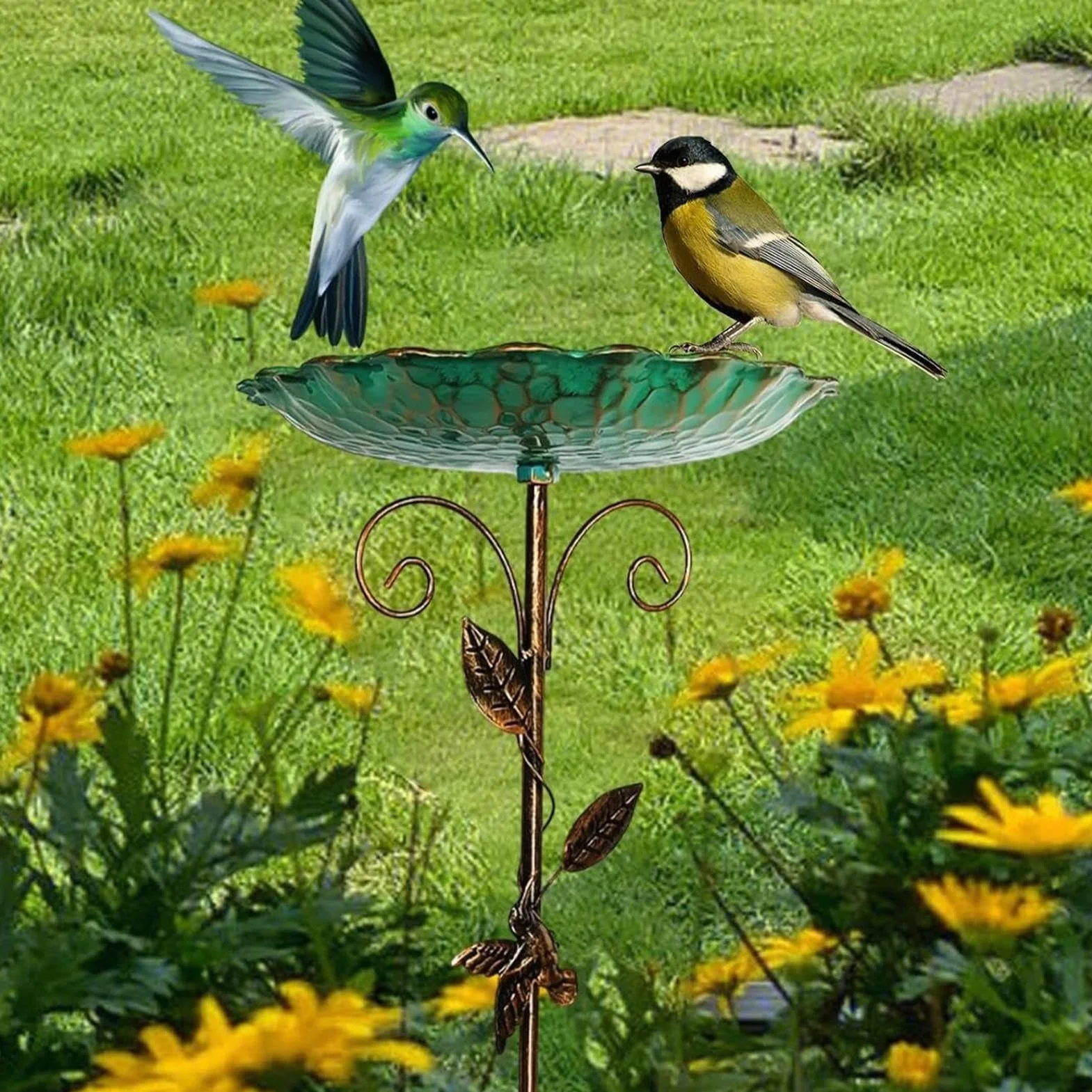 Bain d'oiseaux pour Extérieur, Mangeoire Vintage, Bassin en Métal sur Pied Antigel Hauteur Réglable pour Jardin Terrasse Balcon Extérieur