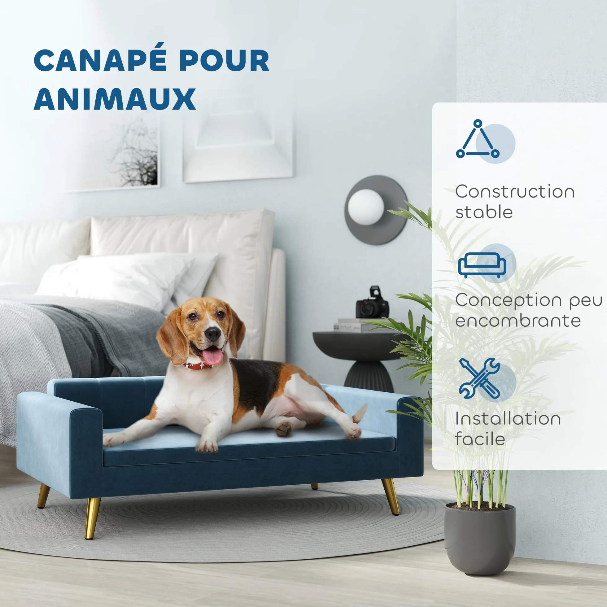 PawHut Canapé Chien 94 x 59,5 x 31,5 cm Bleu Velours Soyeux Pieds Acier Inoxydable