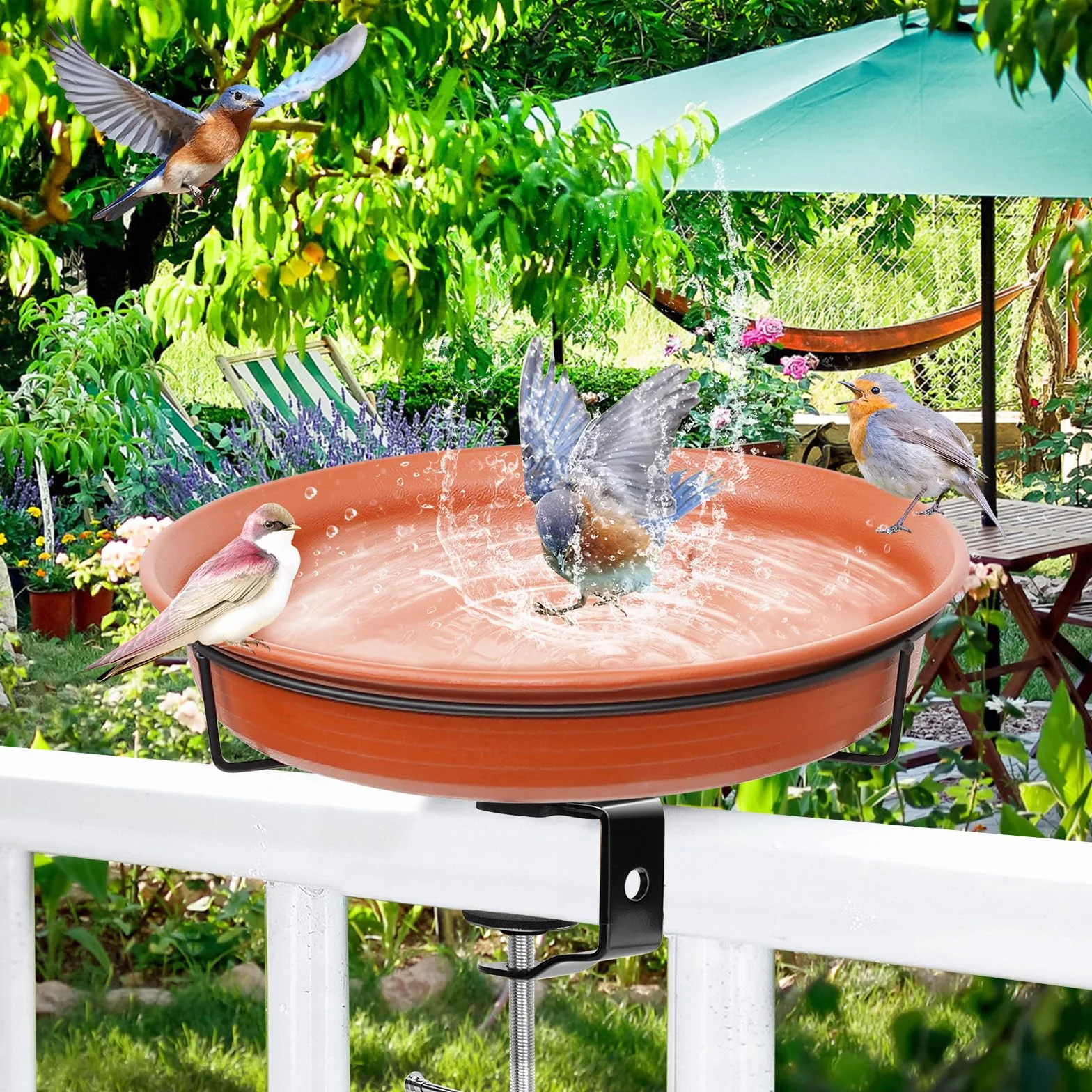 Bain d'oiseaux résistant au gel à suspendre pour balustrade marron