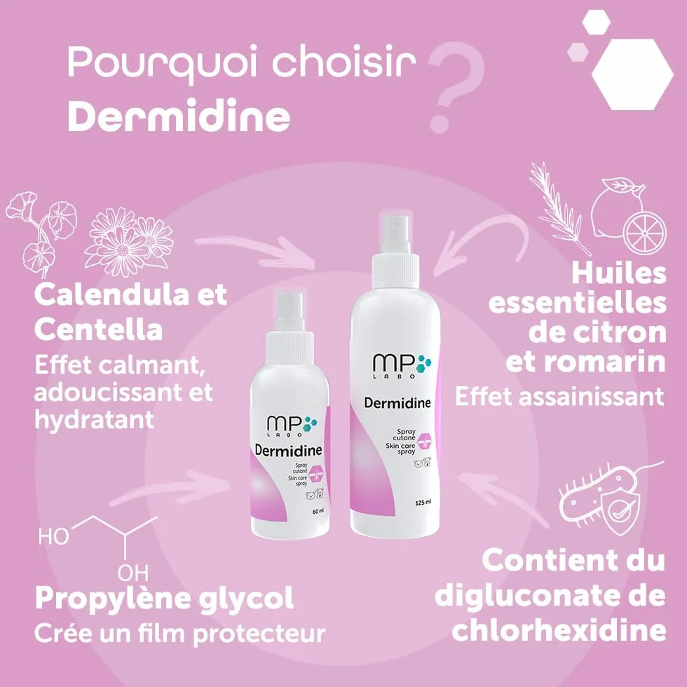MP Labo Dermidine Spray Hygiène Cutanée Chien Chat Calendula Centella Asiatica Calmant Emollient Hydratant 125 ML