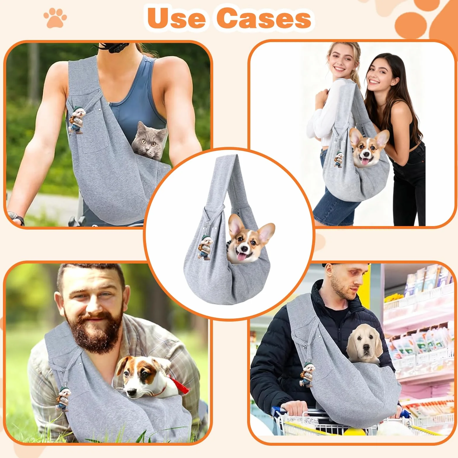 Sac de Transport pour Chien Chat à Bandoulière Mains Libres 15kg Gris