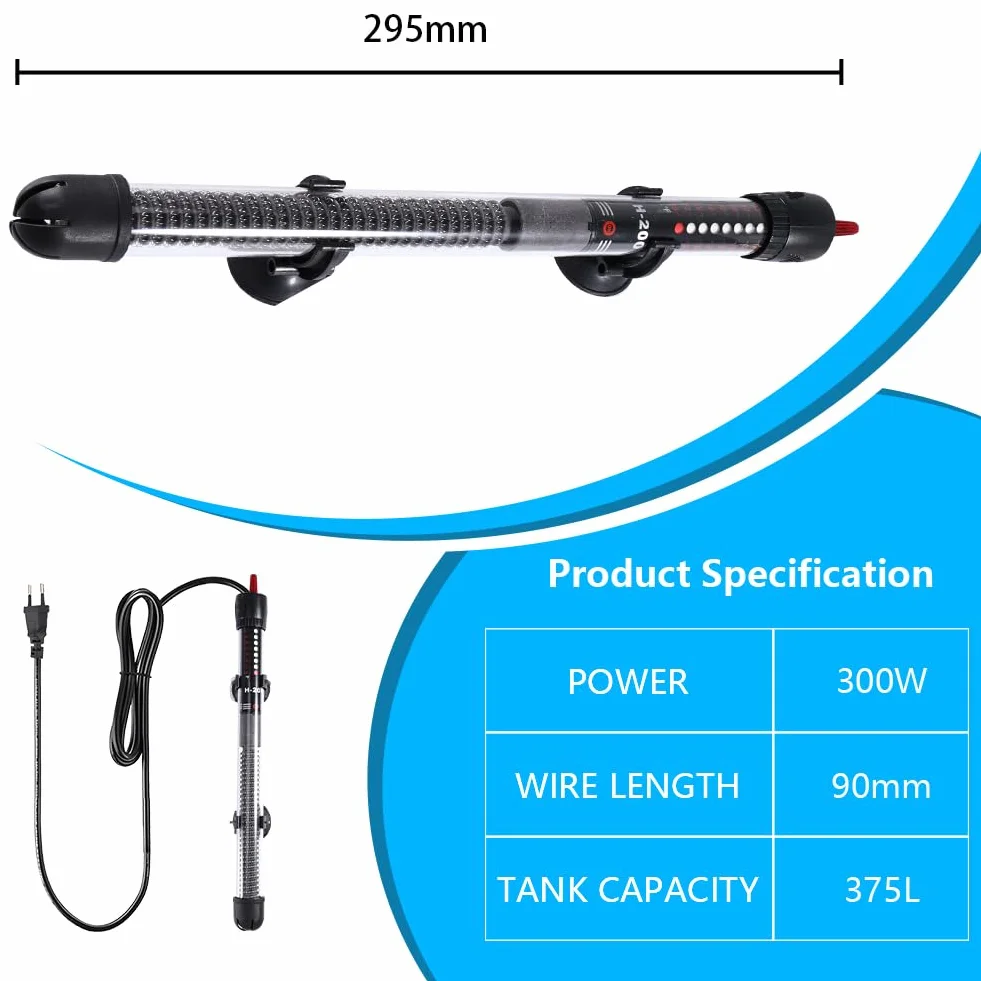 Chauffage d'aquarium 300W 300 L, Tige chauffante pour Aquarium à température réglable avec ventouses, Tige chauffante pour Aquarium avec 3 Autocollants thermomètre
