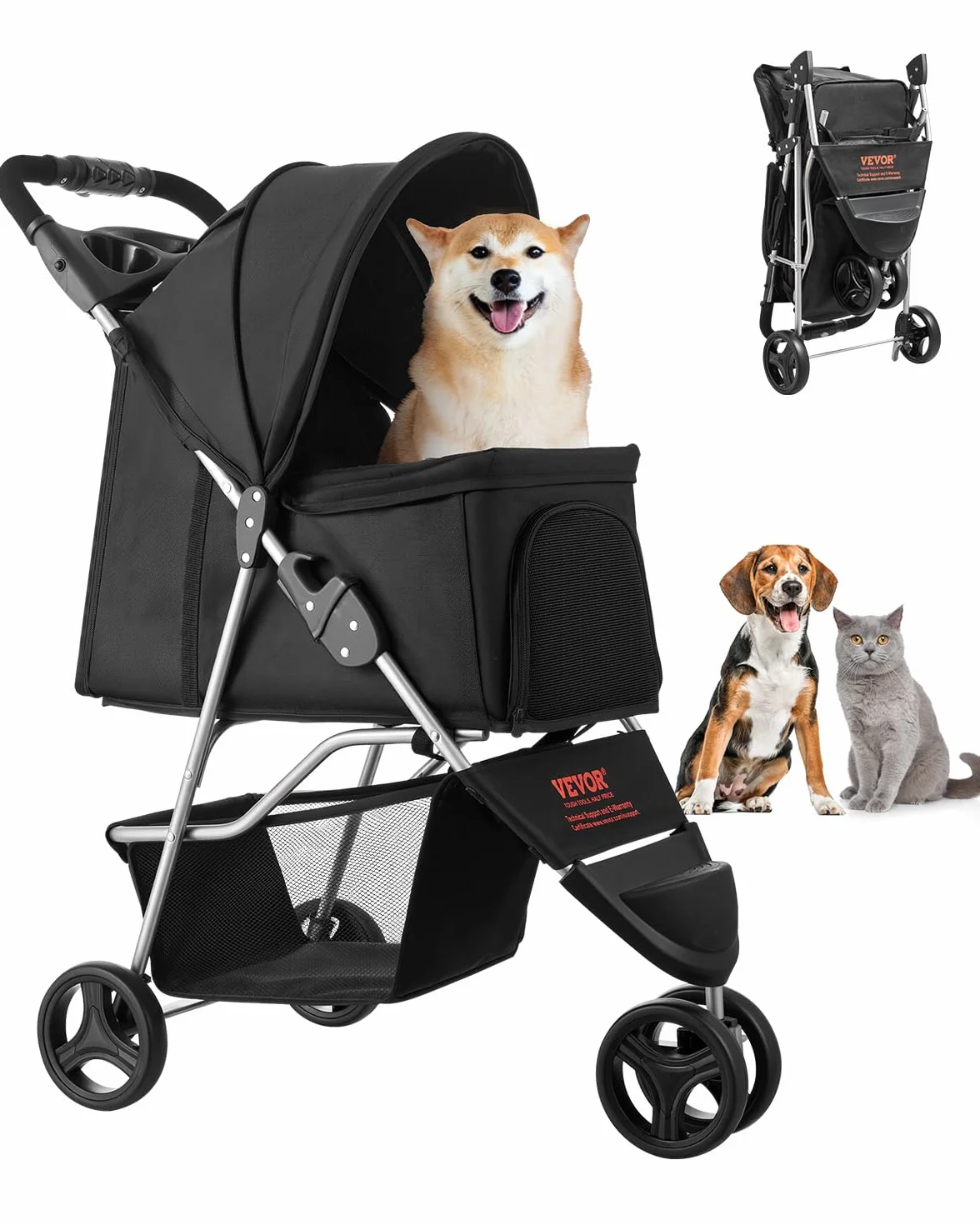 VEVOR Poussette pour Chien Animaux de Compagnie Pliable, Capacité 16 kg, 3 Roues Freins Arrière, Fenêtres Maille, Porte-gobelets