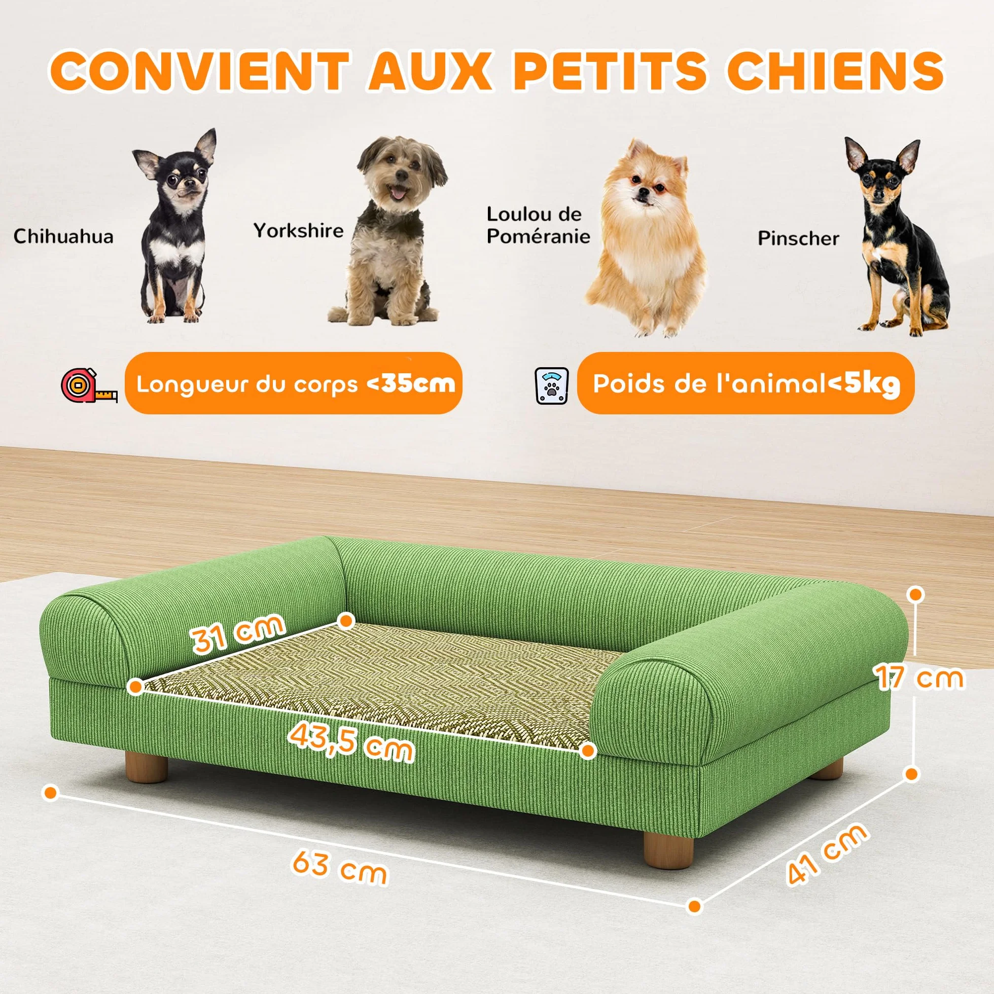 PawHut Canapé pour Chien Chat Lit Surélevé avec Tapis Frais, Accoudoirs, Pieds Velours Doux 63x41x17 cm Vert