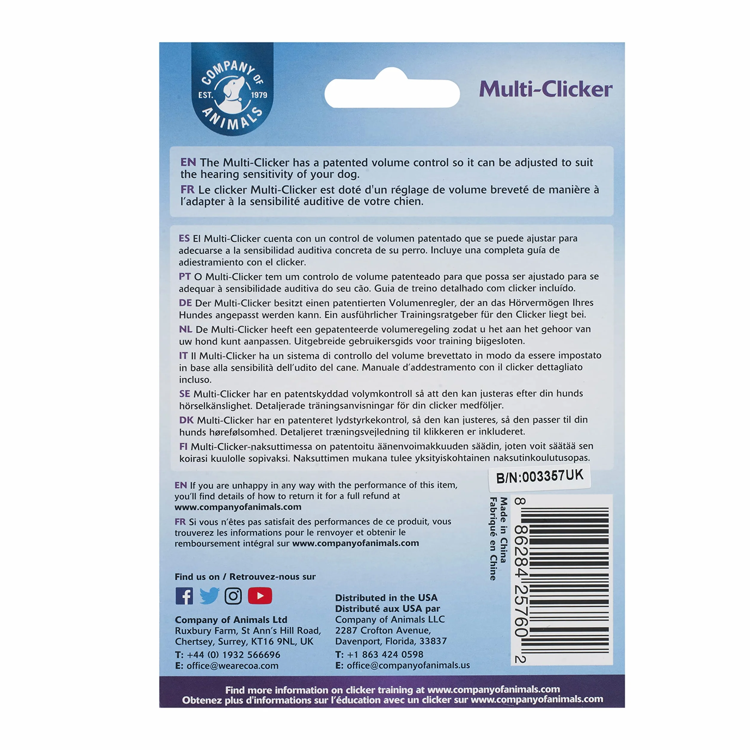 Multi-Clicker Company of Animals - Accessoire pour chien, contrôle du volume à 3 réglages, facile à cliquer, dragonne réglable, clicker pour chien, destiné au dressage, convient aux chiens et chiots