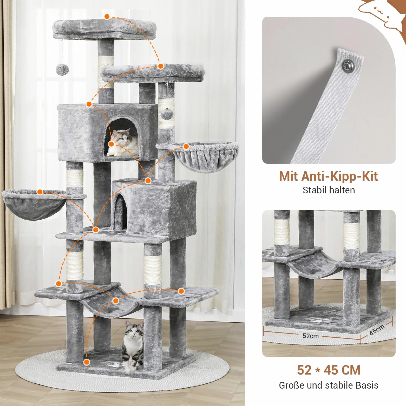 MSmask Arbre à Chat Stable de 180 cm, Tour de Jeux Chats avec 5 Poteaux en Sisal, 2 Grandes Plate-Formes, 2 Niches, 2 Paniers, Hamac, Centre d’Activités Multiniveau en Peluche, Gris Clair
