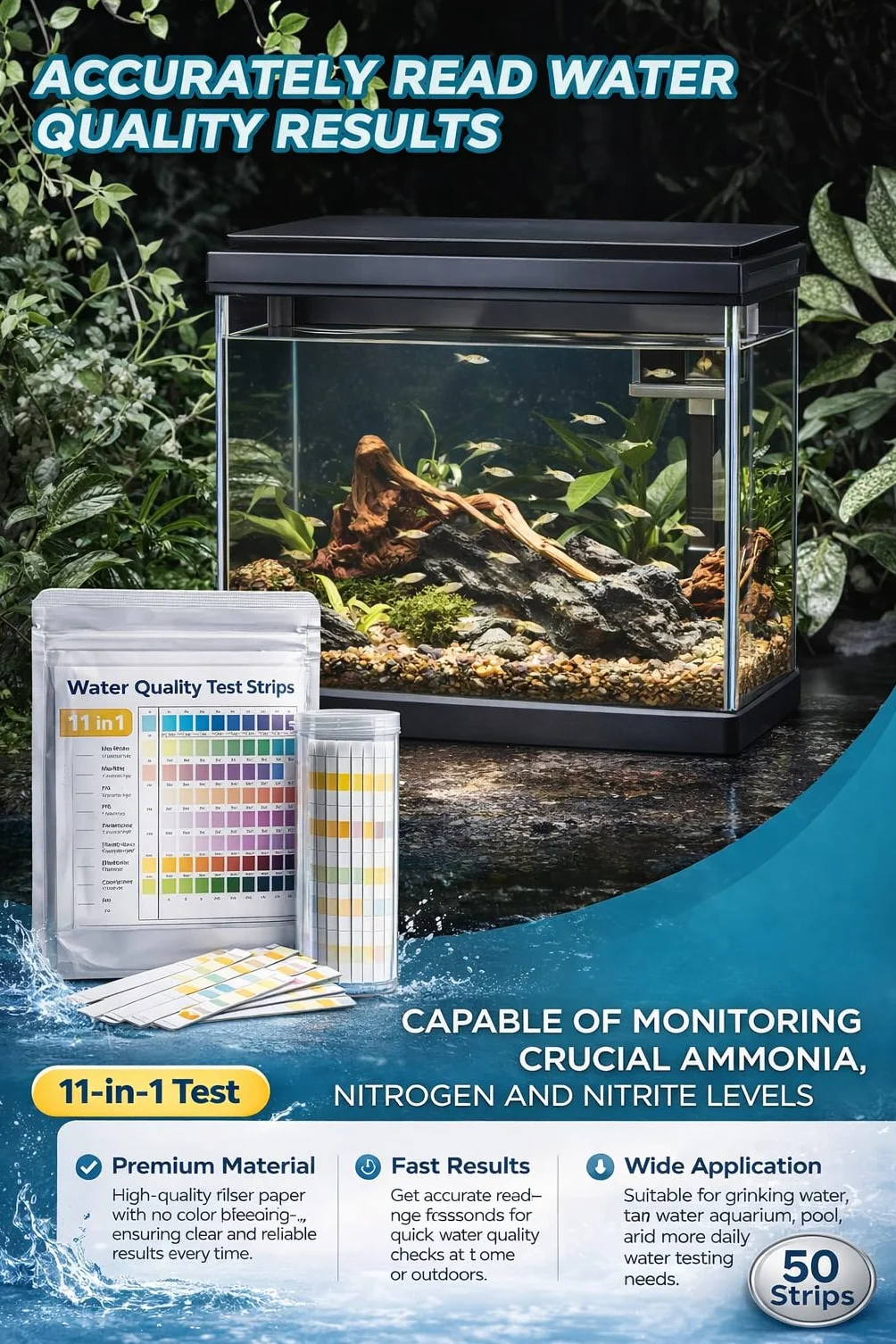 Test Aquarium 11 en 1, Test d’Eau avec Tube Plastique et Thermomètre, Ammoniac Nitrite Nitrate pH GH KH Chlore Cuivre Phosphate Fer