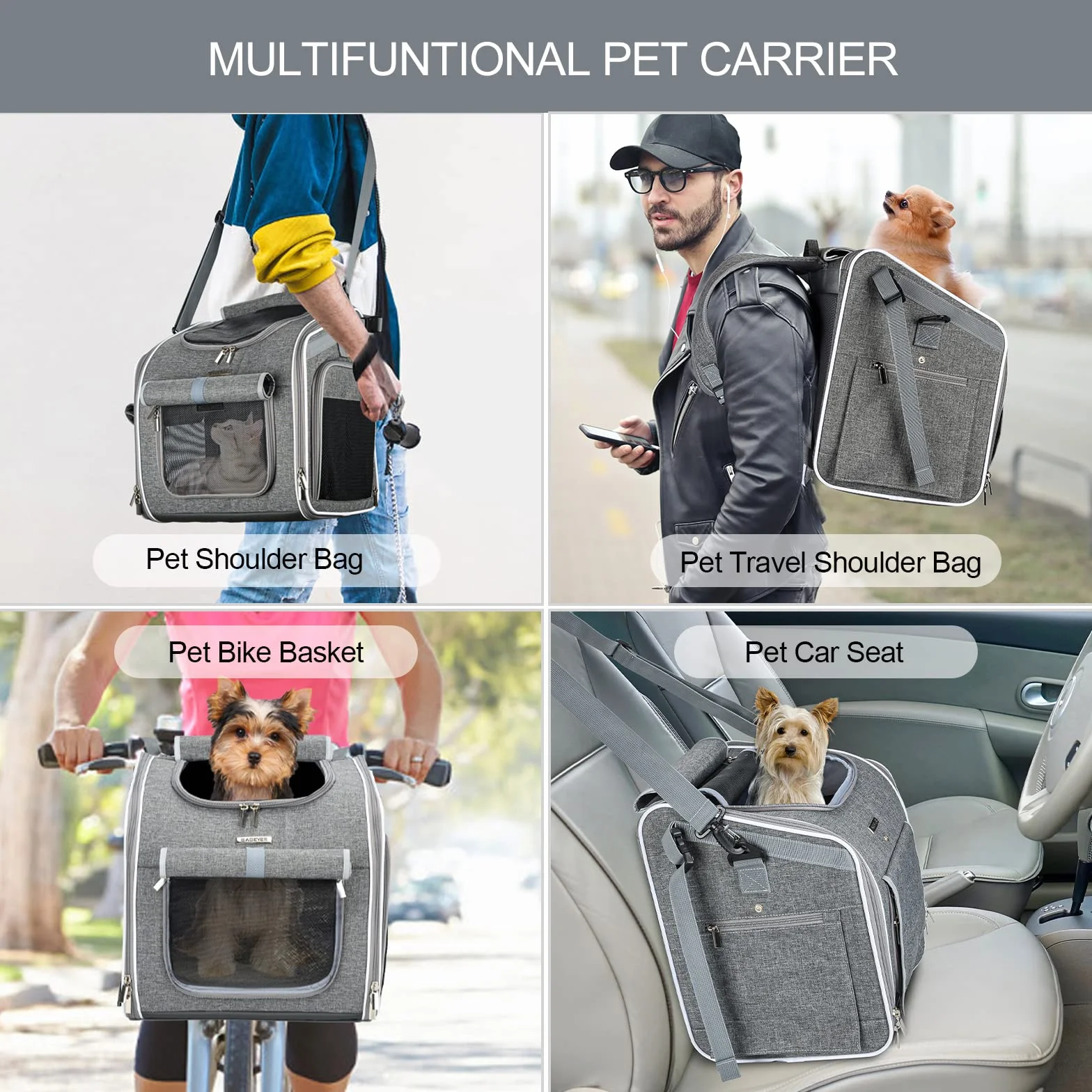 Panier de vélo extensible et souple 4 portes ouvertes fenêtres maille pour petits chiens chats chiots Gris