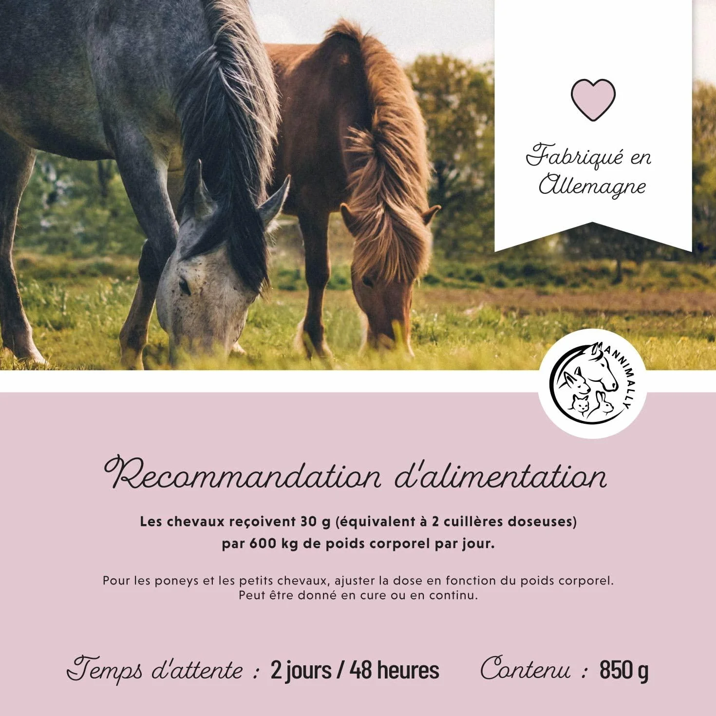 Annimally Poudre Relax pour Chevaux 850g pour Calmer Les Chevaux - Herbes pour Les nerfs avec magnésium, tryptophane, valériane, passiflore et Huile de Chanvre Contre l'anxiété, Le Stress
