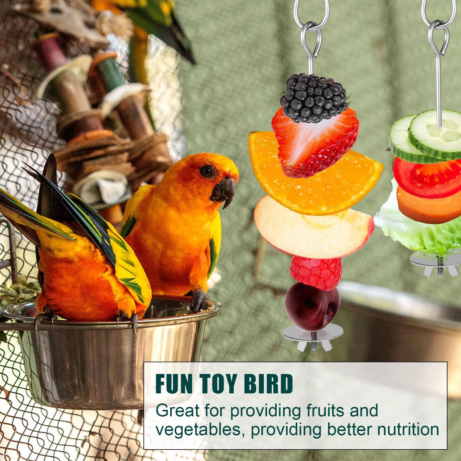 Mangeoire à Fruits pour Oiseaux, Acier Inoxydable Brochette avec Crochet, Jouets de Recherche de Nourriture pour Perruche Ara Perroquet